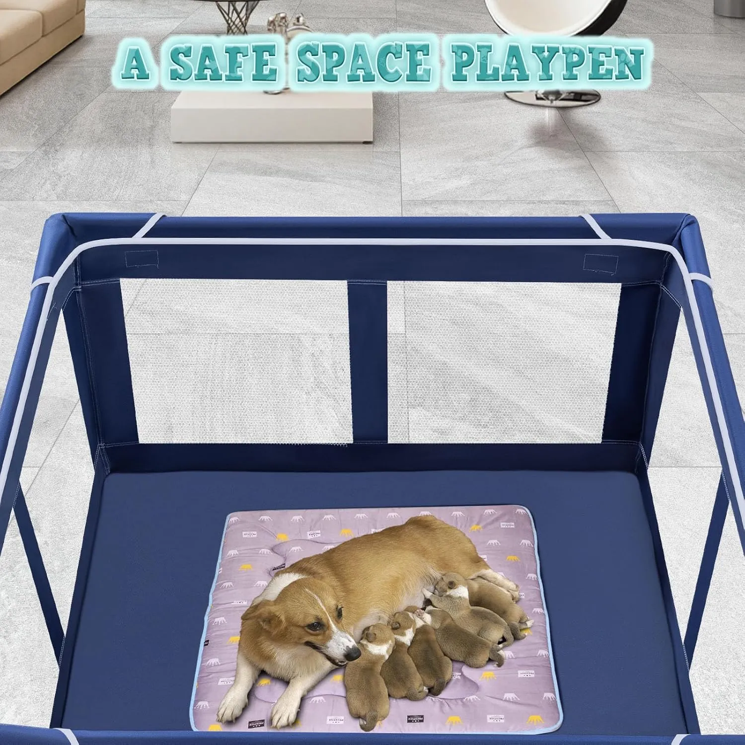 42x42x25.6 Inches Puppy Playpen with Gate, Dog Playpen for Puppies or Small Dogs, DogFence Pet Playpen for Indoor & Outdoor, Sturdy Safety DogPen with Thickened Fabric, High-Strength Nylon Wire Mesh