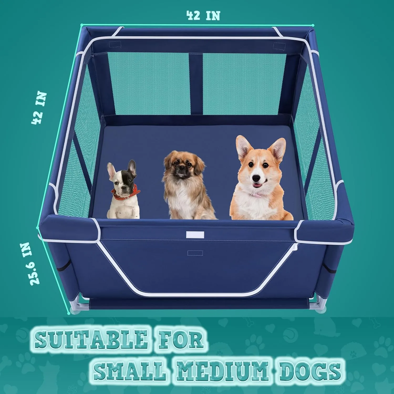 42x42x25.6 Inches Puppy Playpen with Gate, Dog Playpen for Puppies or Small Dogs, DogFence Pet Playpen for Indoor & Outdoor, Sturdy Safety DogPen with Thickened Fabric, High-Strength Nylon Wire Mesh