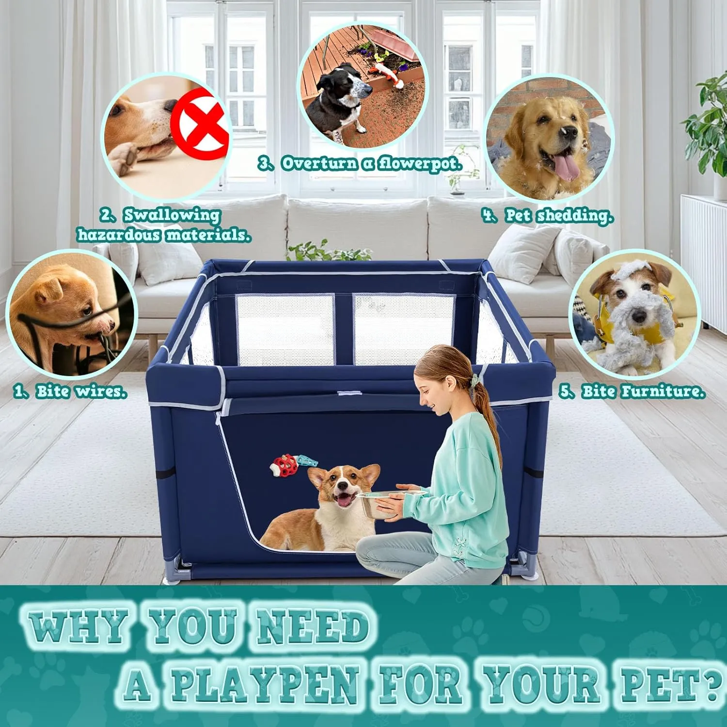 42x42x25.6 Inches Puppy Playpen with Gate, Dog Playpen for Puppies or Small Dogs, DogFence Pet Playpen for Indoor & Outdoor, Sturdy Safety DogPen with Thickened Fabric, High-Strength Nylon Wire Mesh