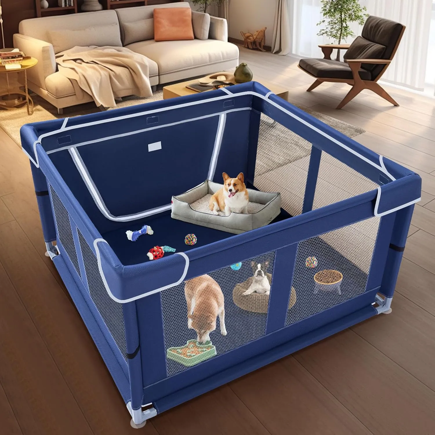 42x42x25.6 Inches Puppy Playpen with Gate, Dog Playpen for Puppies or Small Dogs, DogFence Pet Playpen for Indoor & Outdoor, Sturdy Safety DogPen with Thickened Fabric, High-Strength Nylon Wire Mesh