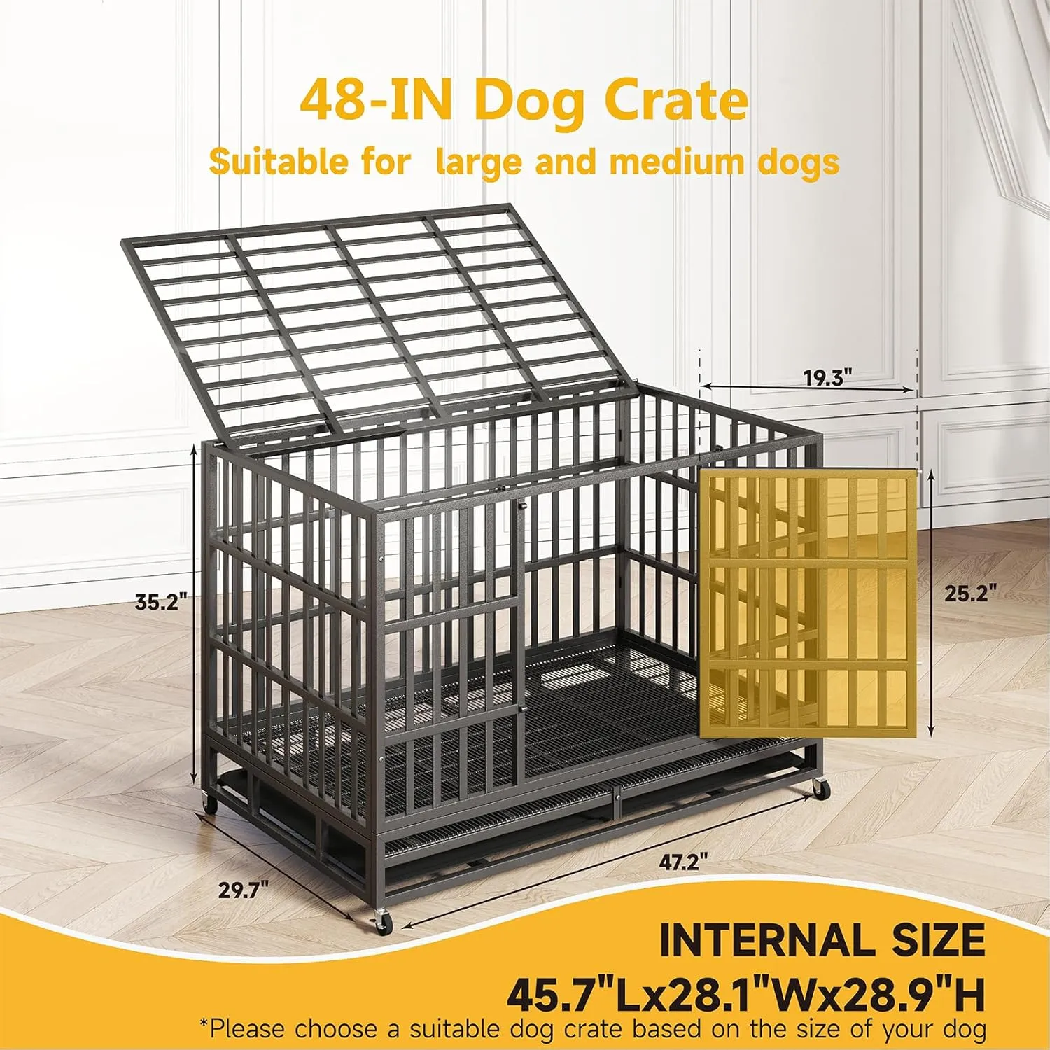 54/48/42/38 Inch Heavy Duty Dog Crate  XL XXL Escape Proof Steel Kennel for Large Dogs, High Anxiety Indoor Cage with Wheels and Removable Tray
