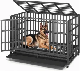 54/48/42/38 Inch Heavy Duty Dog Crate  XL XXL Escape Proof Steel Kennel for Large Dogs, High Anxiety Indoor Cage with Wheels and Removable Tray