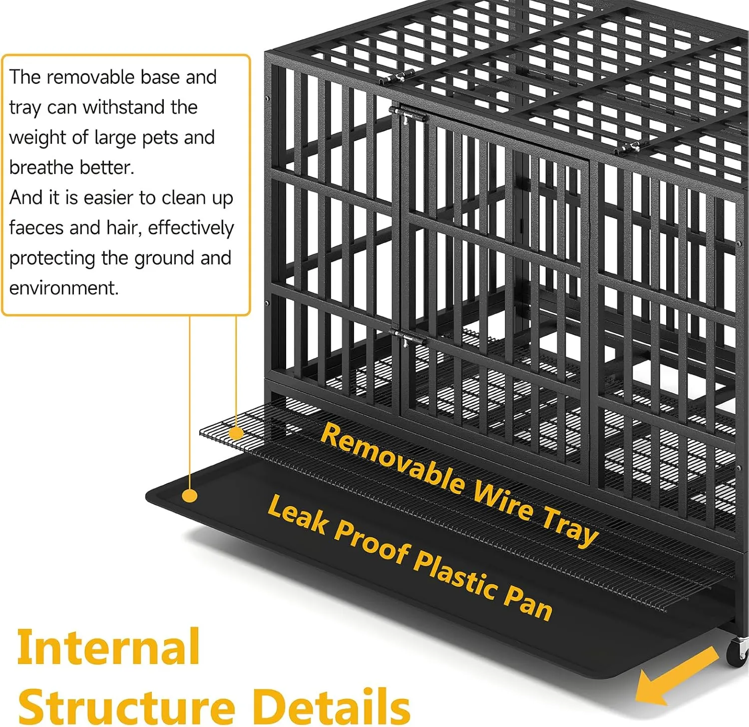 54/48/42/38 Inch Heavy Duty Dog Crate  XL XXL Escape Proof Steel Kennel for Large Dogs, High Anxiety Indoor Cage with Wheels and Removable Tray