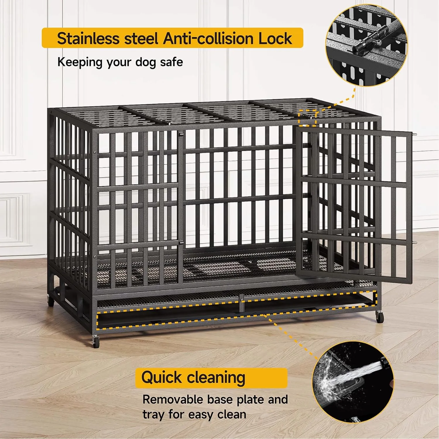 54/48/42/38 Inch Heavy Duty Dog Crate  XL XXL Escape Proof Steel Kennel for Large Dogs, High Anxiety Indoor Cage with Wheels and Removable Tray