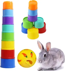 9 Pack Rabbit Stacking Cups and Bunny Treats Balls Multi-Colored Bunny Stacking Cups 8 Sizes Rabbit Toys for Rabbits Guinea Pig Small Animals Enrichment Toys for Hiding Food and Playing