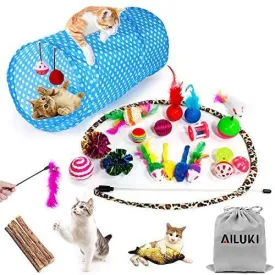 AILUKI 26PCS Cat Toys Kitten Toys Assortments, Variety Catnip Toy Set Including 2 Way Tunnel,Cat Feather Teaser,Catnip Fish,Mice,Colorful Balls and Bells for Cat,Puppy,Kitty