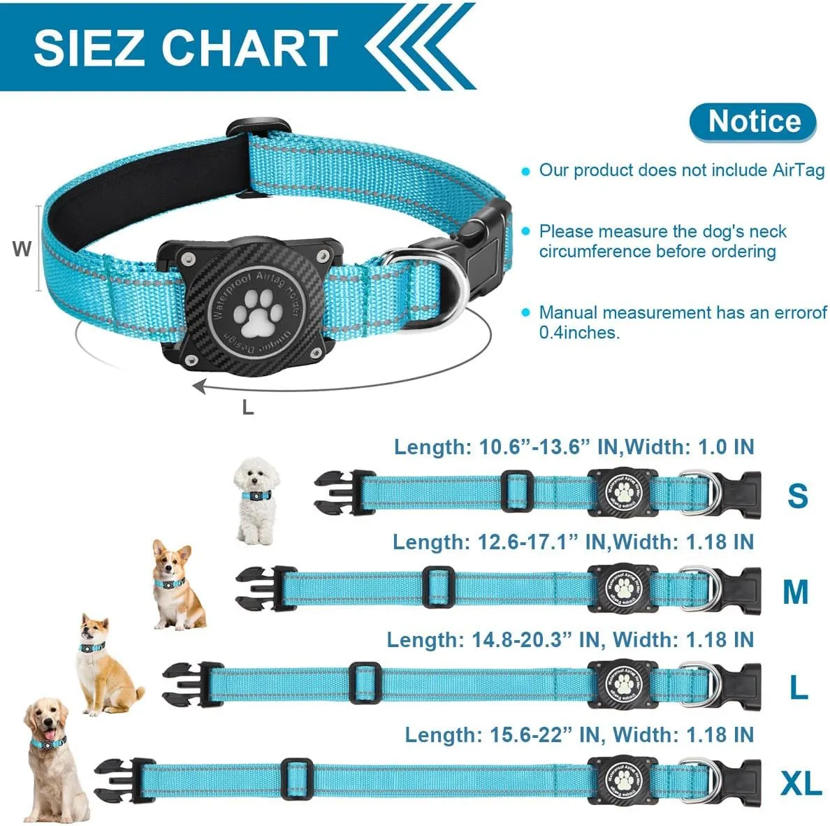 Airtag Dog Collar, Nylon Collar with Waterproof Air Tag Holder, Luminous Reflective Adjustable Pet Collar for Small Medium Large Heavy Duty Dogs,Blue, S