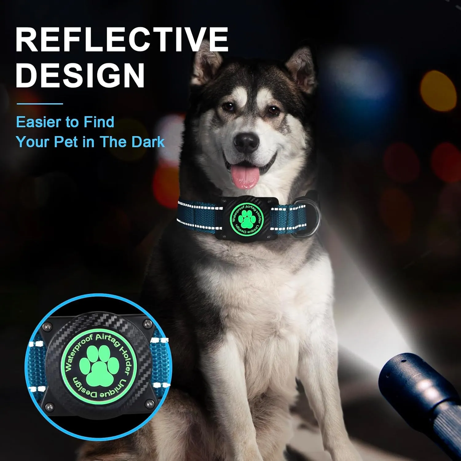 Airtag Dog Collar, Nylon Collar with Waterproof Air Tag Holder, Luminous Reflective Adjustable Pet Collar for Small Medium Large Heavy Duty Dogs,Blue, S