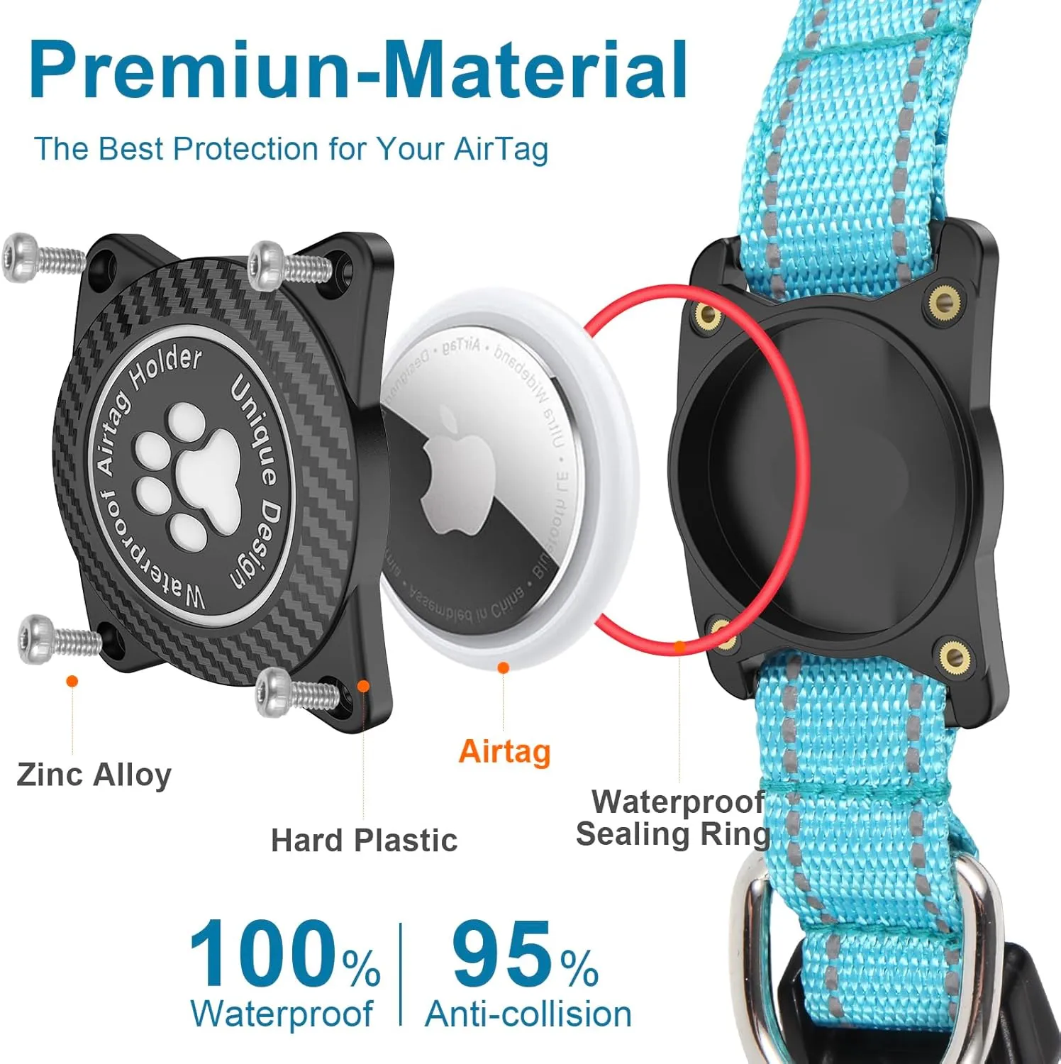 Airtag Dog Collar, Nylon Collar with Waterproof Air Tag Holder, Luminous Reflective Adjustable Pet Collar for Small Medium Large Heavy Duty Dogs,Blue, S