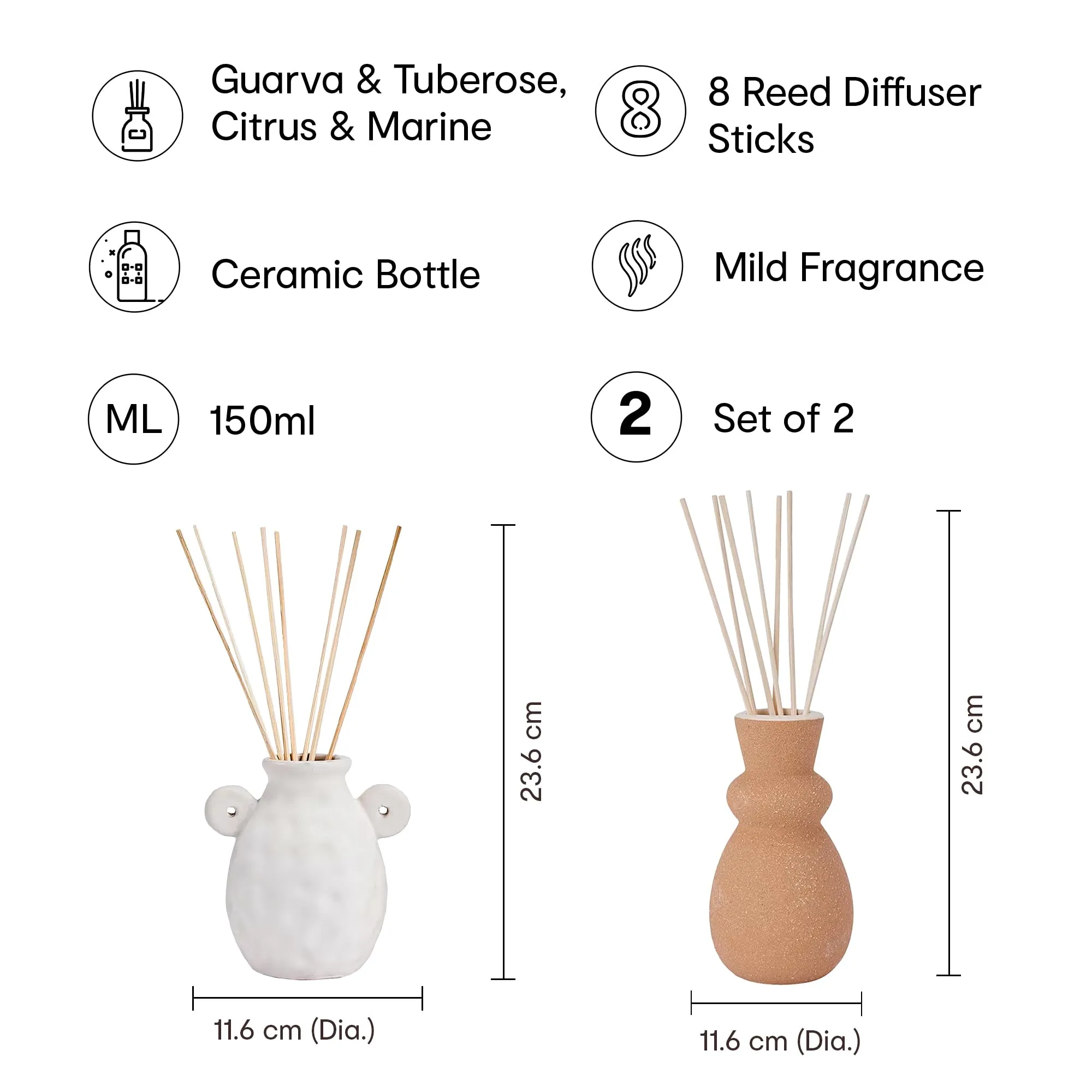 Anko Citrus & Marine Diffuser with Guava & Tuberose Fragrance Diffuser Set | Home Decor Accessory with Soothing Aroma for Office, Home & Gifting |Reed Sticks for Long-Lasting Scent | 150 ml