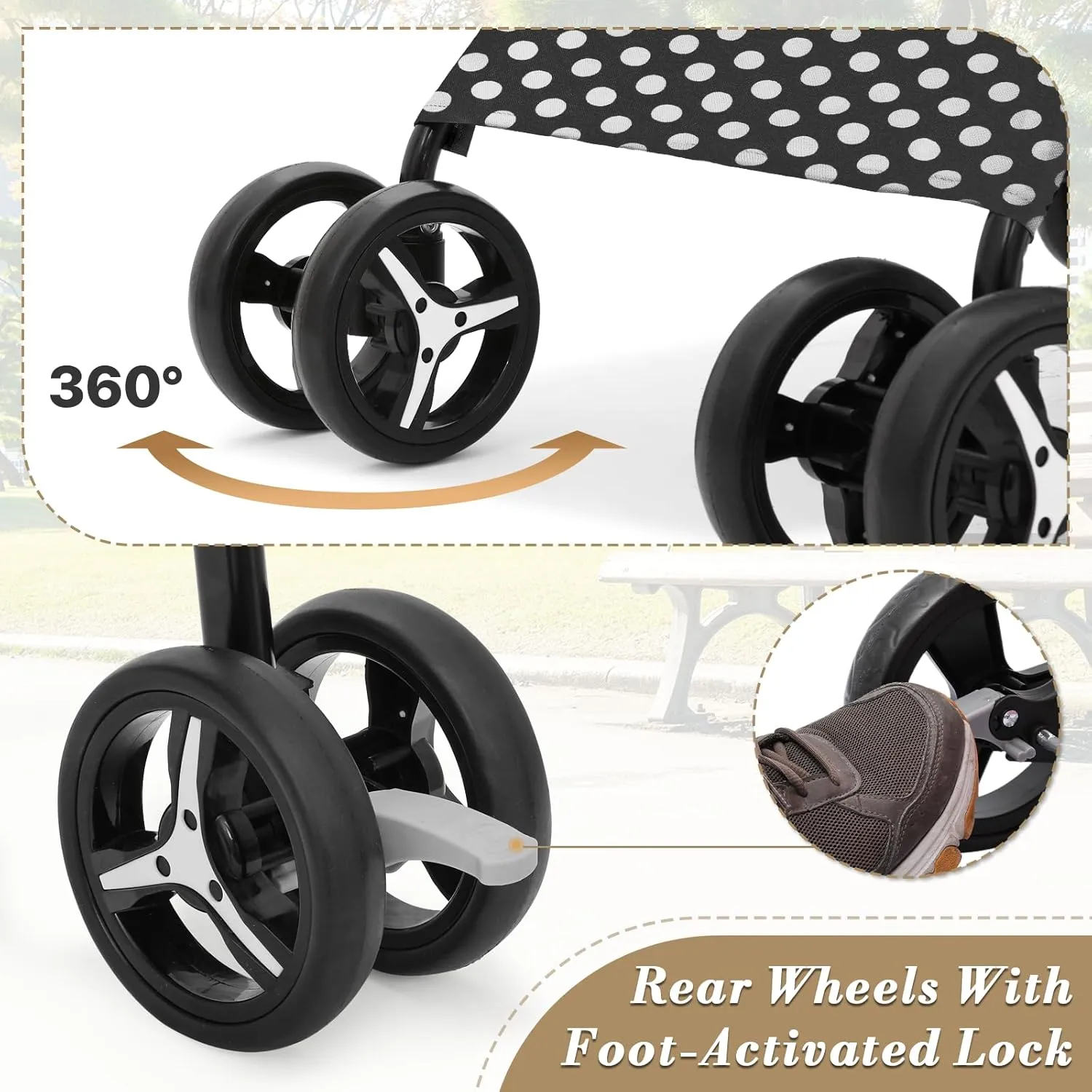Athena Collection 4 Wheels Pet Stroller,Dog Stroller for Medium Dogs 22 Lbs Puppy Cat Stroller Pet Cart Pet Gear with Back Pocket, Sun Shade, Black with Polka-dot