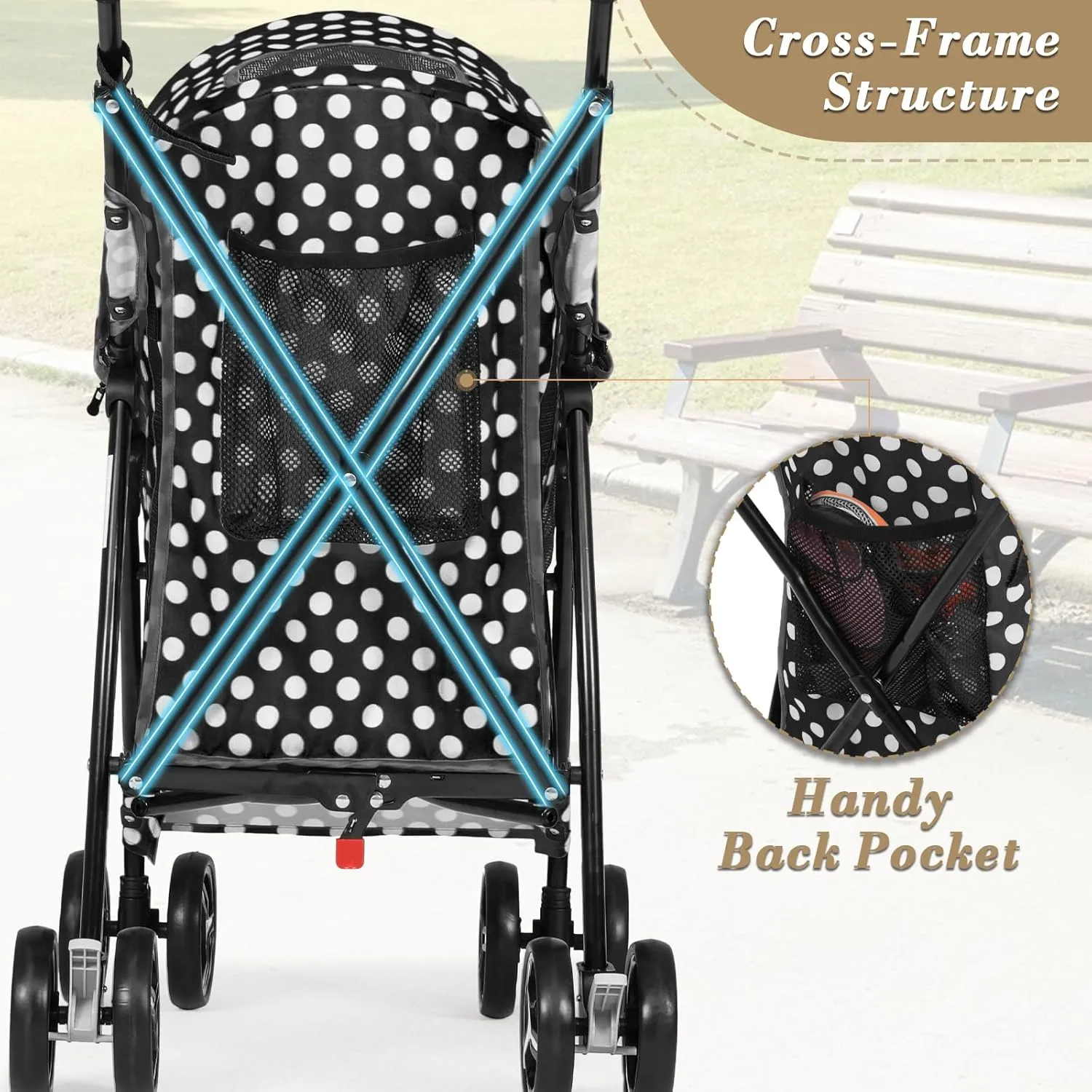 Athena Collection 4 Wheels Pet Stroller,Dog Stroller for Medium Dogs 22 Lbs Puppy Cat Stroller Pet Cart Pet Gear with Back Pocket, Sun Shade, Black with Polka-dot