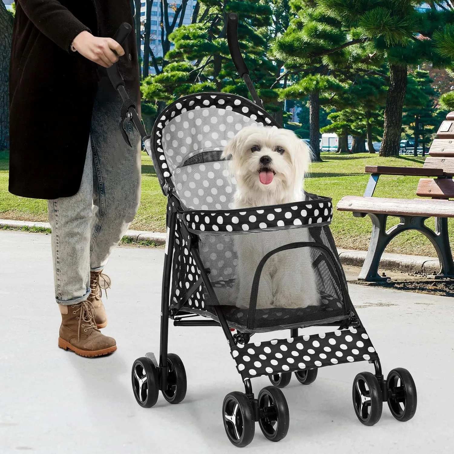Athena Collection 4 Wheels Pet Stroller,Dog Stroller for Medium Dogs 22 Lbs Puppy Cat Stroller Pet Cart Pet Gear with Back Pocket, Sun Shade, Black with Polka-dot