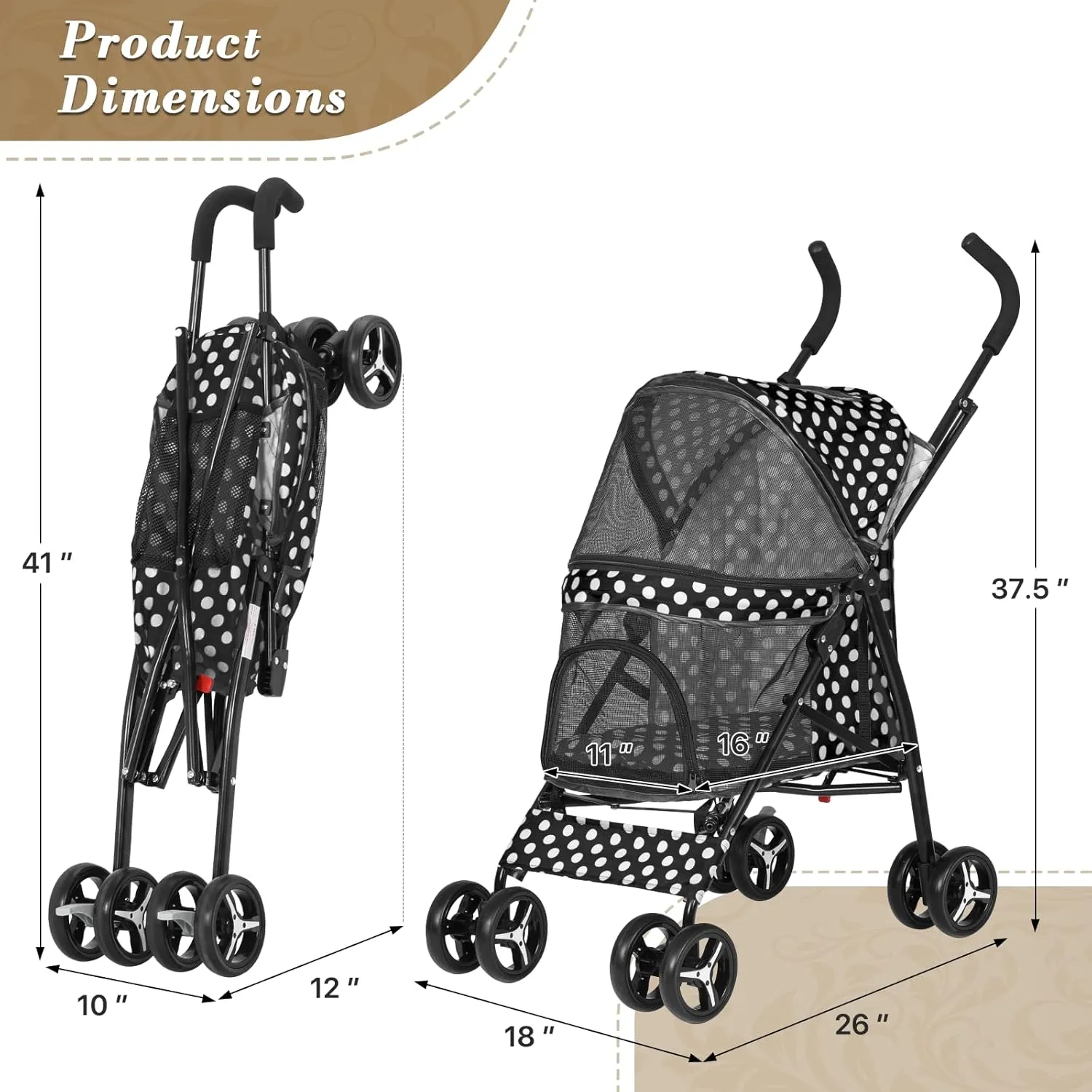 Athena Collection 4 Wheels Pet Stroller,Dog Stroller for Medium Dogs 22 Lbs Puppy Cat Stroller Pet Cart Pet Gear with Back Pocket, Sun Shade, Black with Polka-dot