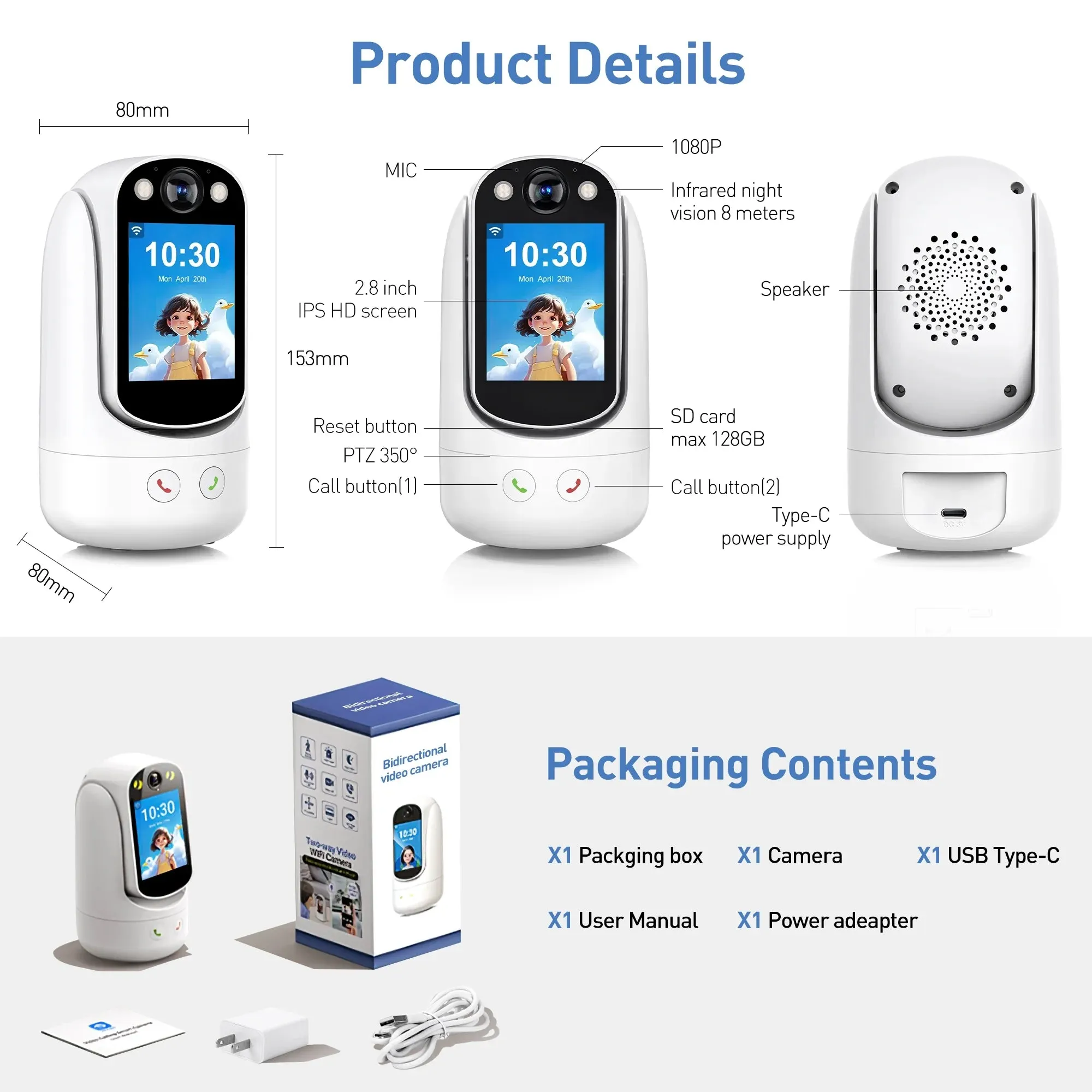 Baby Monitor with Two Way Video Call, 1080P HD Wifi Cameras W/ 2.8” Screen for Home Security/Baby Monitor/Pet Camera