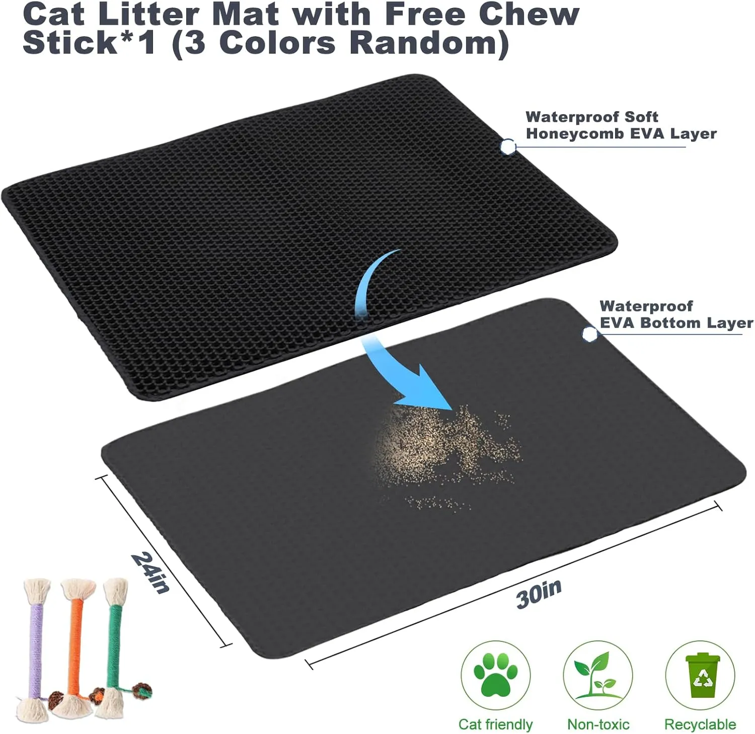 Cat Litter Mat 30"x24" Double Layer Waterproof & Non-Slip - Honeycomb Washable EVA Large Litter Mat for Scatter Control, Urine Proof Litter Trapping Mat for Litter Box(Black)