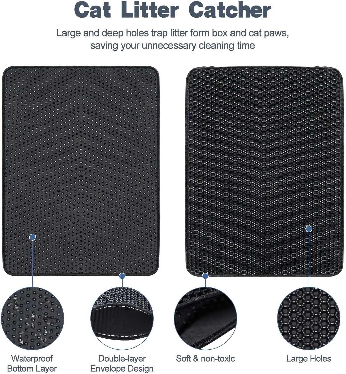 Cat Litter Mat 30"x24" Double Layer Waterproof & Non-Slip - Honeycomb Washable EVA Large Litter Mat for Scatter Control, Urine Proof Litter Trapping Mat for Litter Box(Black)