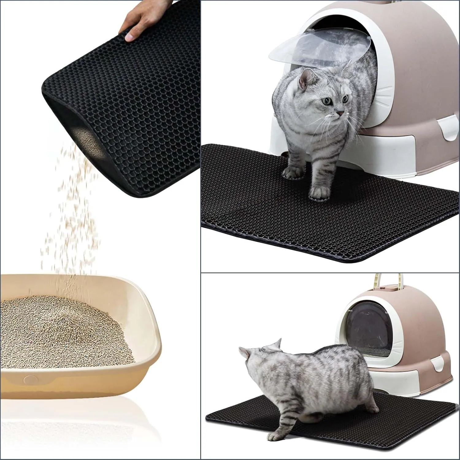 Cat Litter Mat 30"x24" Double Layer Waterproof & Non-Slip - Honeycomb Washable EVA Large Litter Mat for Scatter Control, Urine Proof Litter Trapping Mat for Litter Box(Black)