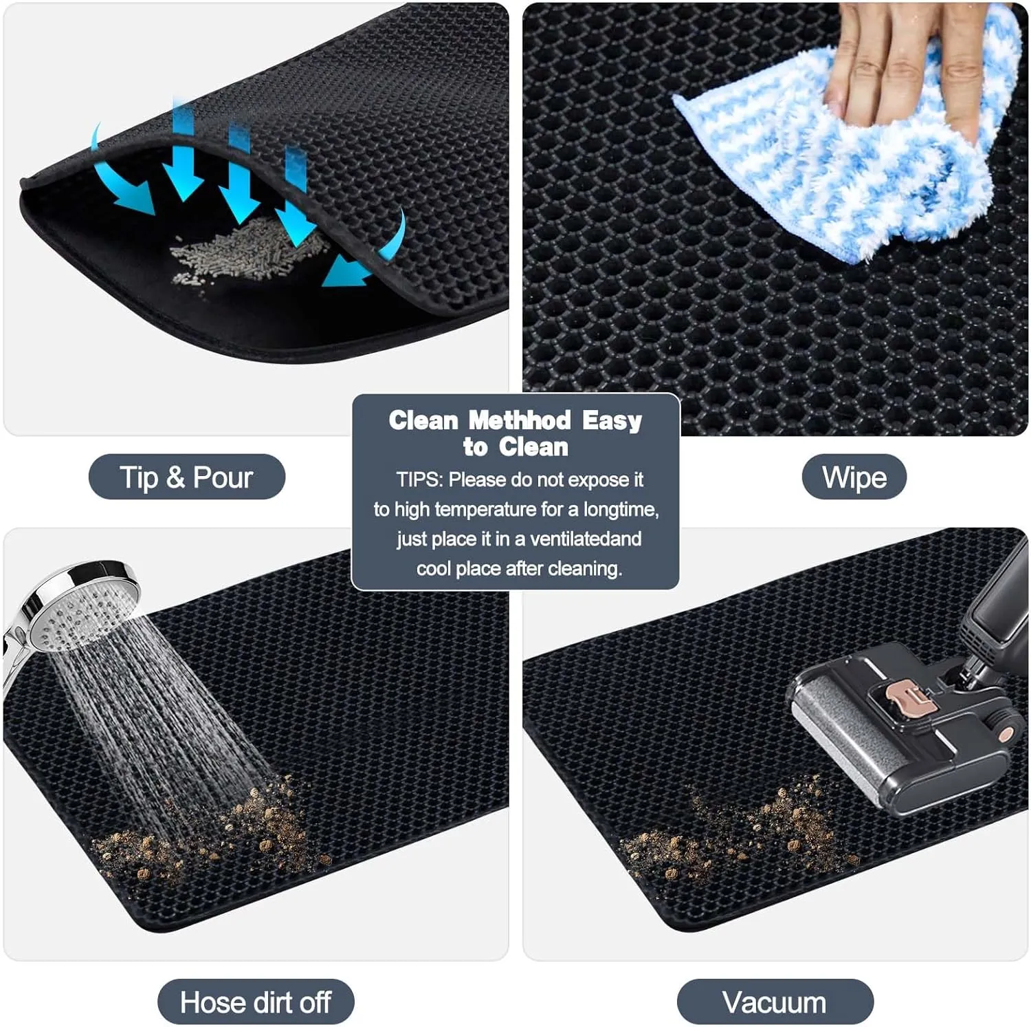 Cat Litter Mat 30"x24" Double Layer Waterproof & Non-Slip - Honeycomb Washable EVA Large Litter Mat for Scatter Control, Urine Proof Litter Trapping Mat for Litter Box(Black)
