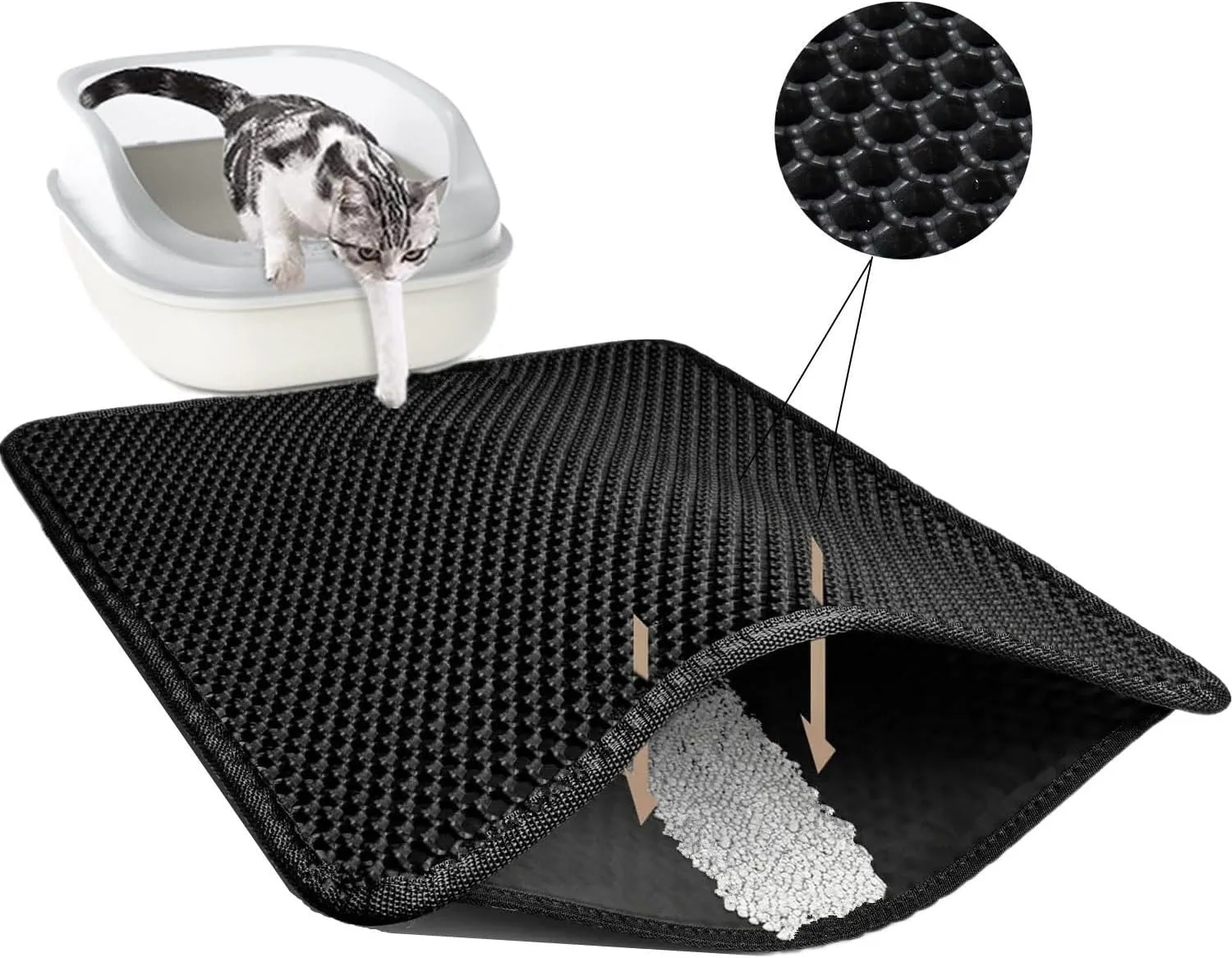 Cat Litter Mat 30"x24" Double Layer Waterproof & Non-Slip - Honeycomb Washable EVA Large Litter Mat for Scatter Control, Urine Proof Litter Trapping Mat for Litter Box(Black)