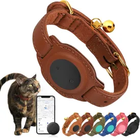 Cat Tracker, GPS Pet Tracker for Cats (Only iOS), Leather Cat Collar with Tracker, Works with Any Collar, No Monthly Fee, Compatible with Apple Find My App not for Android (Brown)