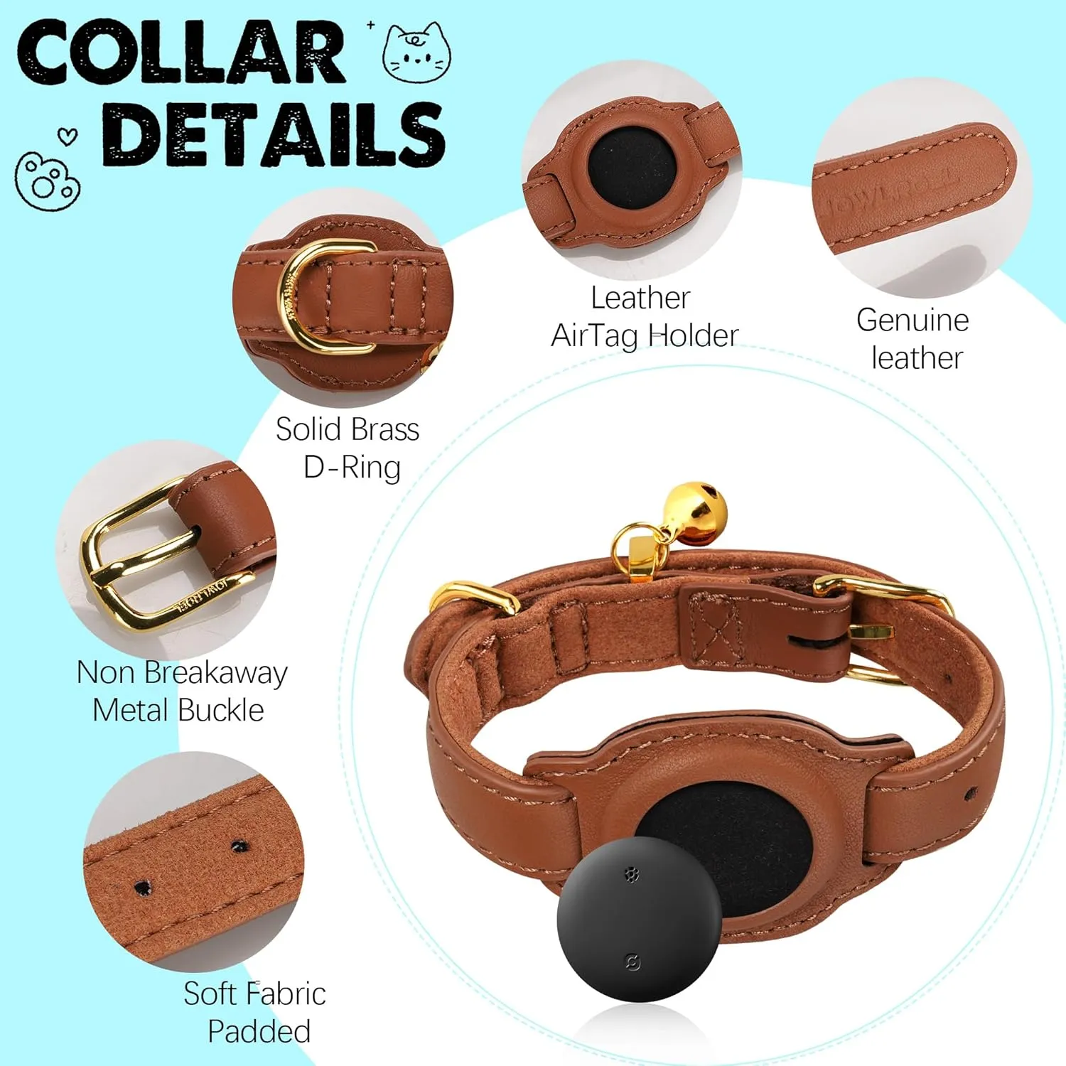 Cat Tracker, GPS Pet Tracker for Cats (Only iOS), Leather Cat Collar with Tracker, Works with Any Collar, No Monthly Fee, Compatible with Apple Find My App not for Android (Brown)