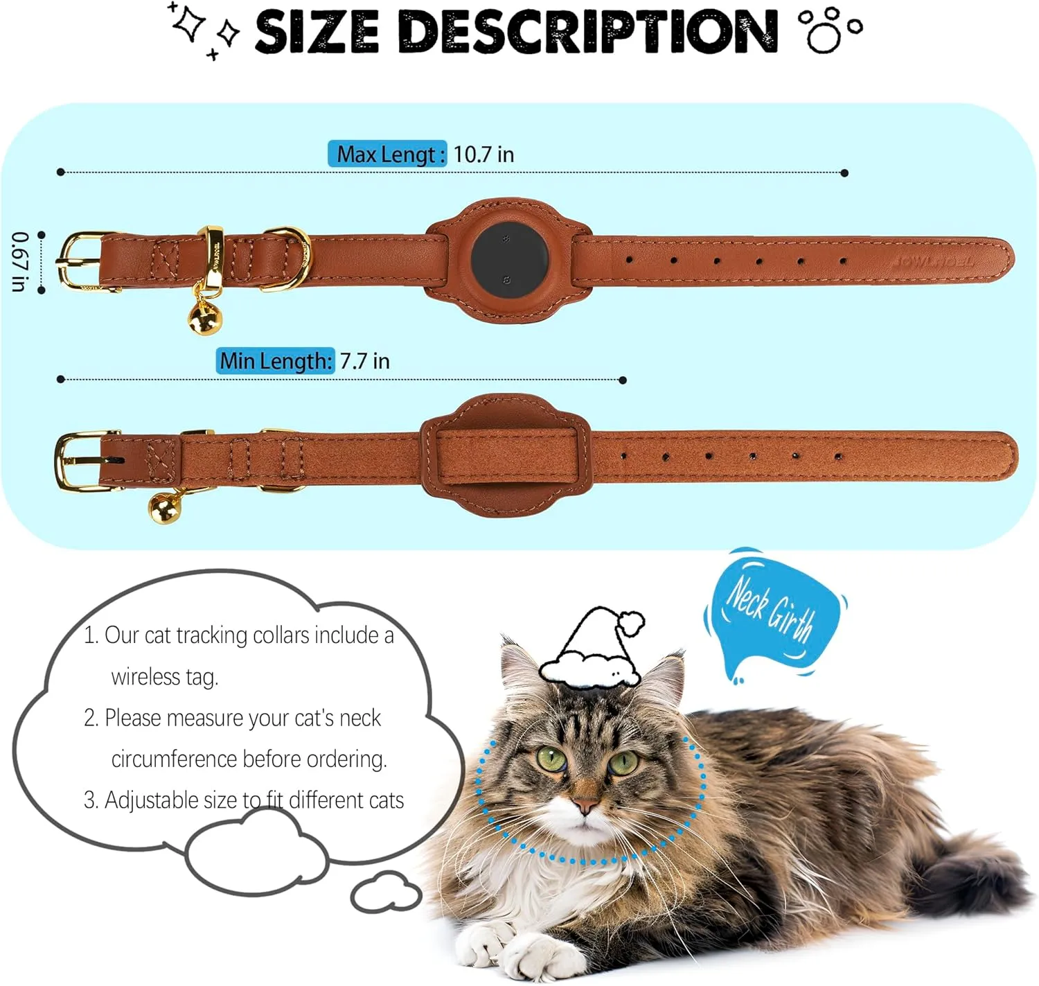 Cat Tracker, GPS Pet Tracker for Cats (Only iOS), Leather Cat Collar with Tracker, Works with Any Collar, No Monthly Fee, Compatible with Apple Find My App not for Android (Brown)