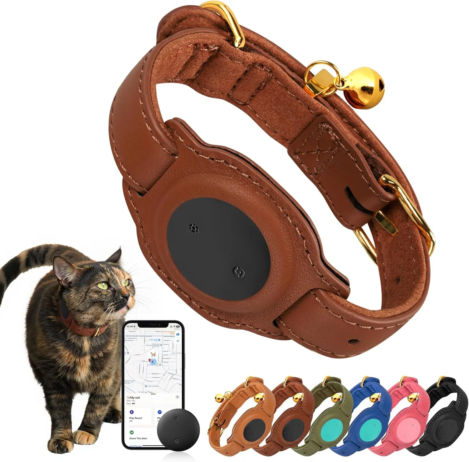 Cat Tracker, GPS Pet Tracker for Cats (Only iOS), Leather Cat Collar with Tracker, Works with Any Collar, No Monthly Fee, Compatible with Apple Find My App not for Android (Brown)