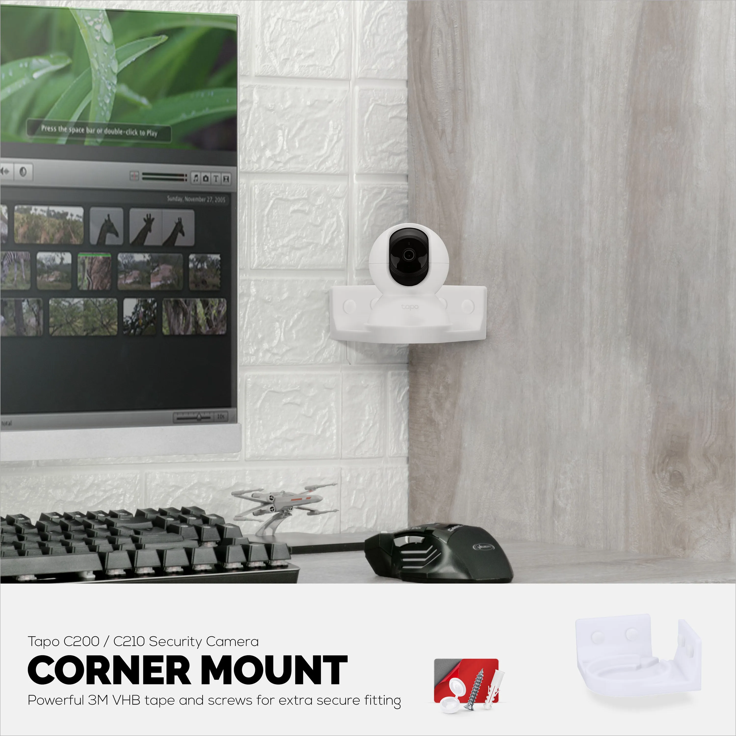 Corner Wall Mount for Tapo Pan/Tilt C200/C210 Pet & Baby Indoor Camera, Security Camera Holder Bracket, Reduce Blind Spots & Clutter, Adhesive & Screw-In Mounting