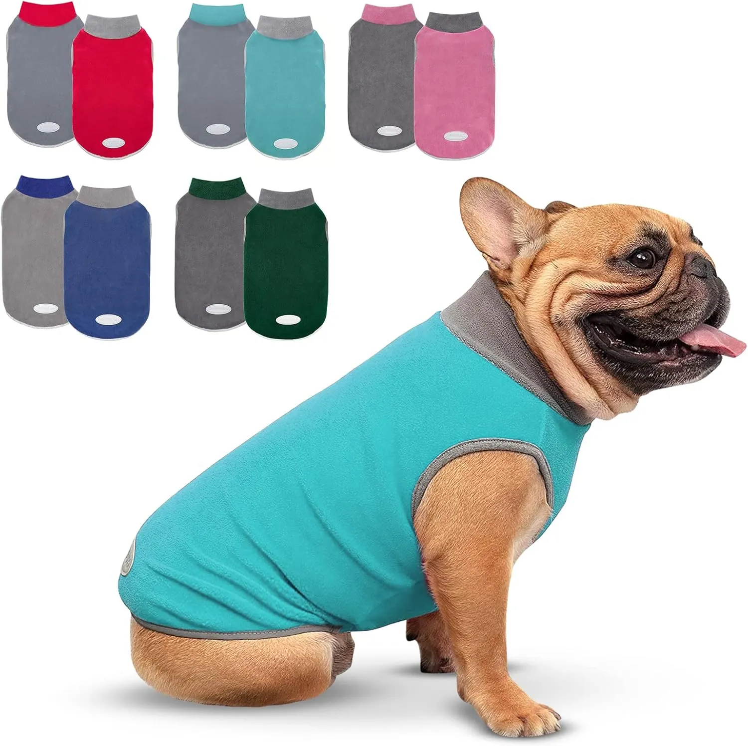 Cyeollo 2 Pack Small Dog Sweater - Stretchy Fleece Sweatshirt with Reflective Stripe - Turquoise & Grey