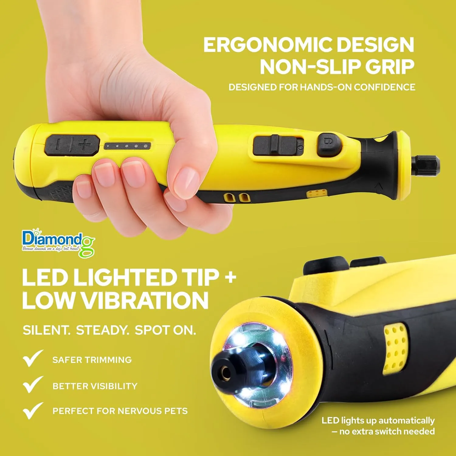 Diamondg Cordless Dog Nail Grinder with Quiet Sound & LED Tip for Large & Small Dogs, 4hrs. Runtime - Electric Dog Nail Trimmer, Heavy Duty Rotary Tool Alternative to Toenail Clippers & Filers