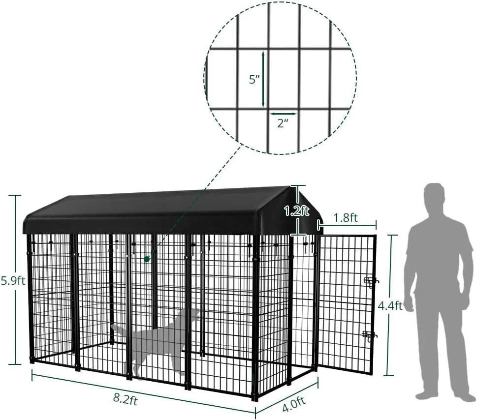 Dog Kennel Outside with Roof, 8'x6'x4' Outdoor Dog Kennels for Large Dogs, Heavty Duty Welded Dog Crate Playpen with UV-Resistant Waterproof Cover