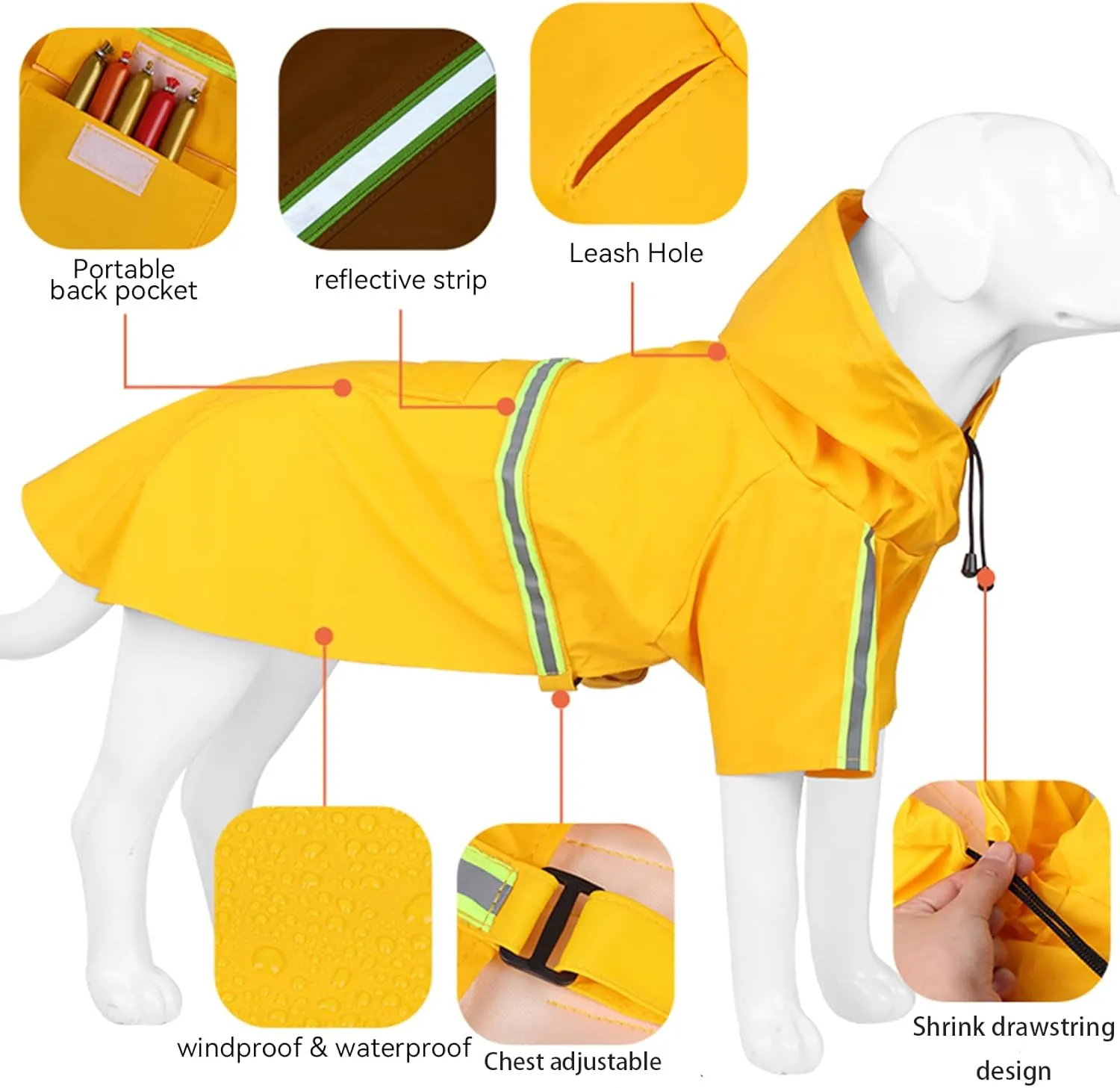 Dog Raincoat,Adjustable Drawstring Dog Rain Jacket for Large Medium Small Dogs,Waterproof Dog Hooded Poncho with Reflective Stripe (Yellow, X-Large)