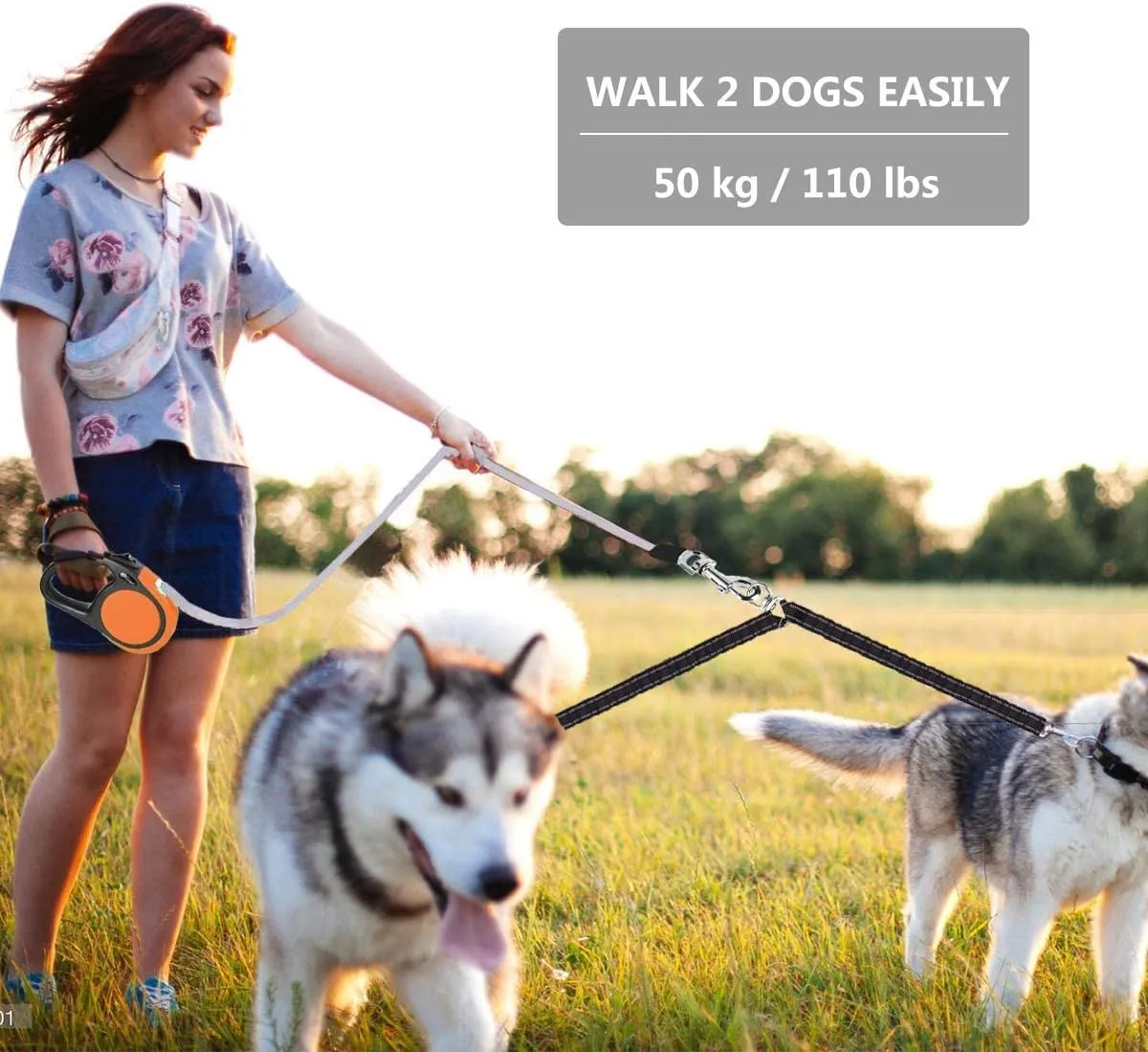 Dual Retractable Dog Leash for Large Dogs (Up to 110 Lbs Each) - Double Headed 16 ft Extendable Pet Leash with Poop Bags, Non Slip Grip - One Button Break & Lock, 360 Tangle-Free (Blue, Large)