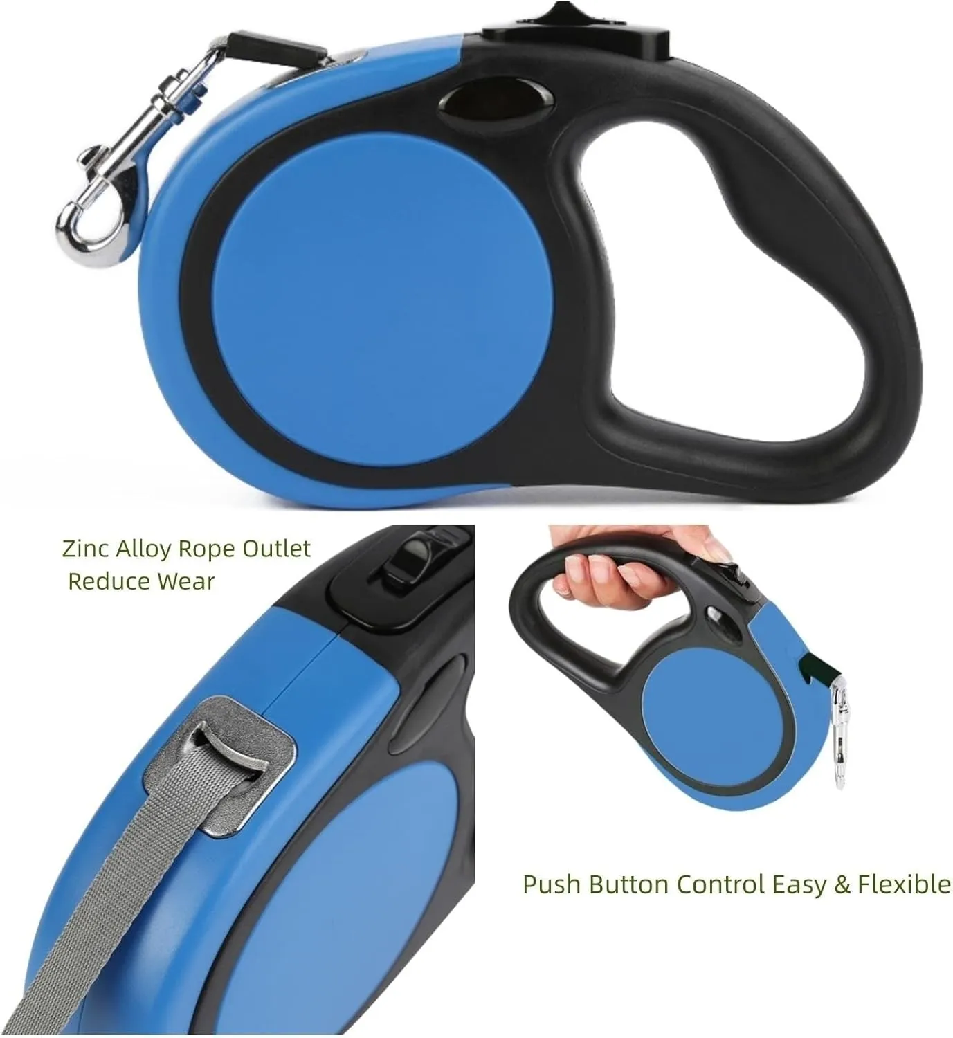 Dual Retractable Dog Leash for Large Dogs (Up to 110 Lbs Each) - Double Headed 16 ft Extendable Pet Leash with Poop Bags, Non Slip Grip - One Button Break & Lock, 360 Tangle-Free (Blue, Large)