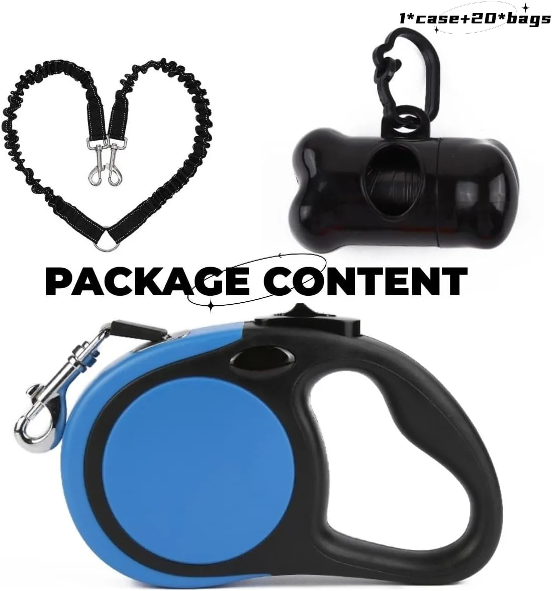 Dual Retractable Dog Leash for Large Dogs (Up to 110 Lbs Each) - Double Headed 16 ft Extendable Pet Leash with Poop Bags, Non Slip Grip - One Button Break & Lock, 360 Tangle-Free (Blue, Large)