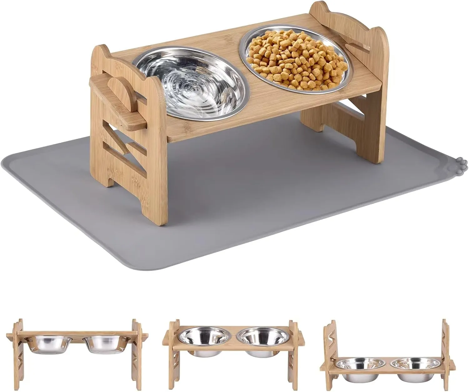 Elevated Dog Bowls Adjustable Raised Dog Bowl, Solid Bamboo Dog Food Water Bowls Stand with 2 Stainless Steel, Non-Slip No Spill Dog Dish Spill Proof Mat for Small Medium Large Dogs and Cats
