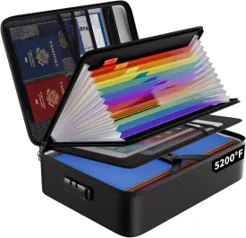 ENGPOW Fireproof File Organizer Bag with 13 Colorful Pockets Accordion File Folder,5200 Document Organizer Box with Lock&Labels,Multi-Layer Portable Home Safe Storage for Important Documents,Files