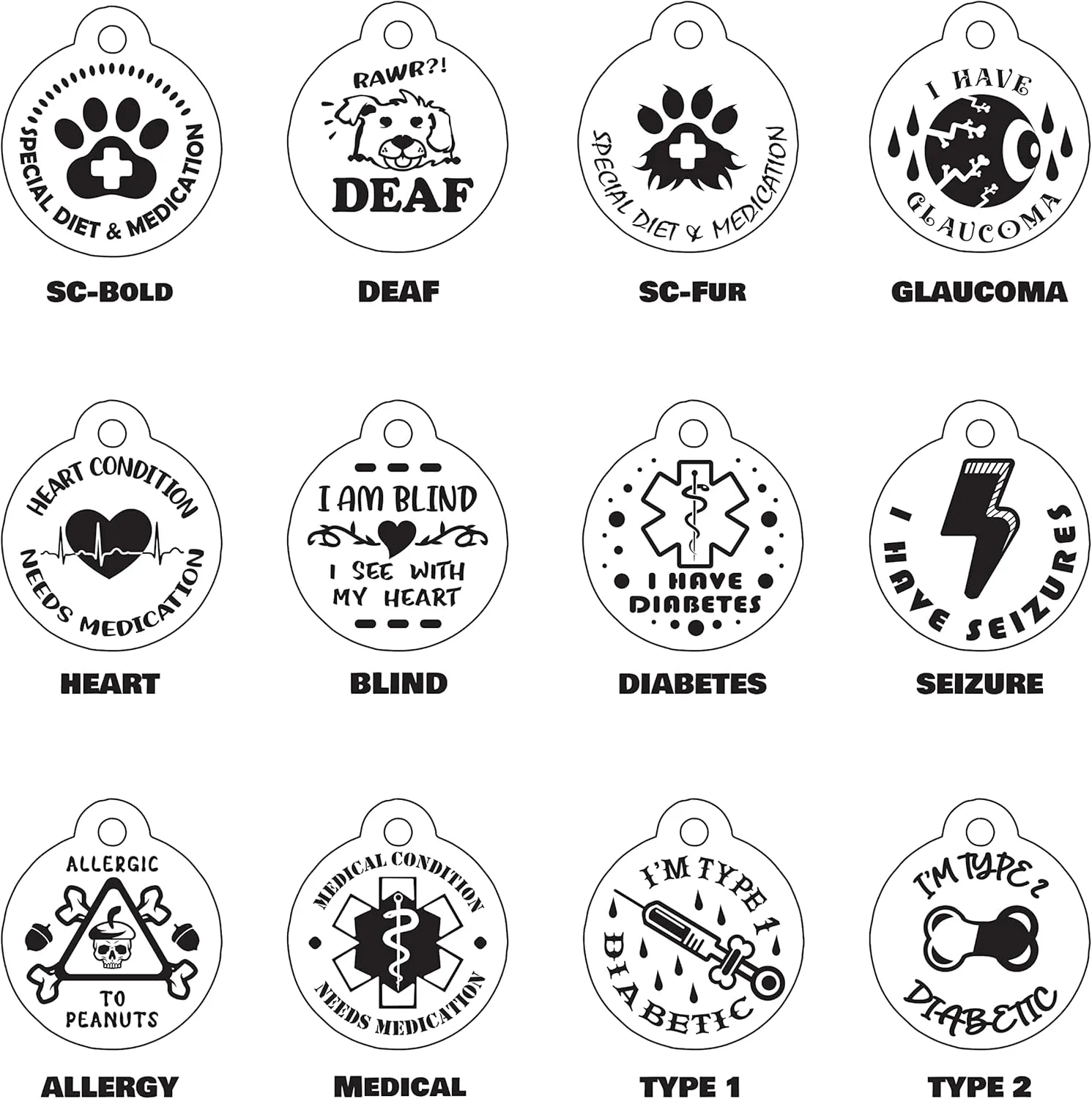 Engraved Dog/Pet Tags Personalized Deaf, Special Medical Heart Condition, Glaucoma, Blind, Diabetic, Seizure, Allergy Regular