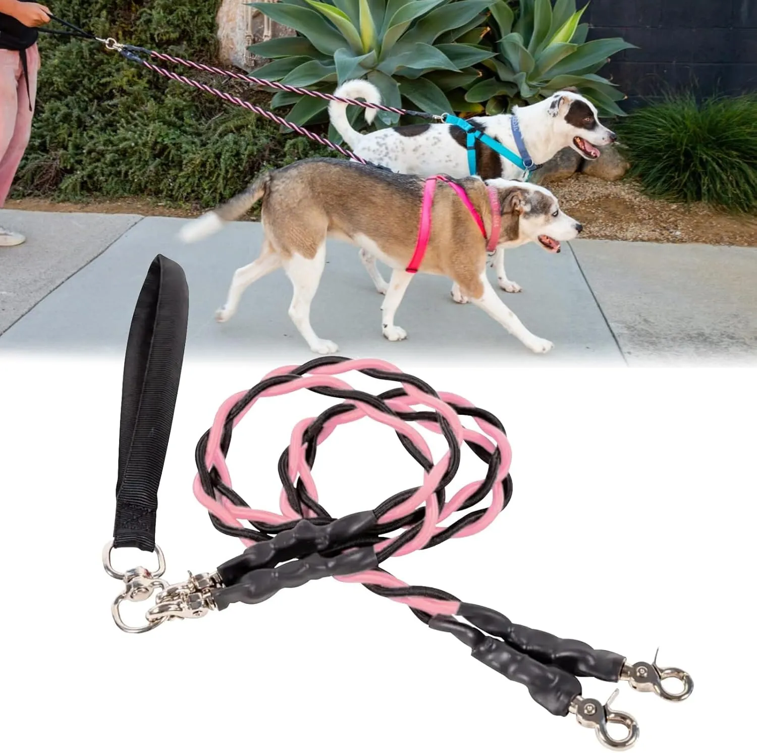 Gloryboom Double Bungee Dog Leash  Shock Absorbing 2-in-1 Leash with 360 Swivel, Padded Handles, No-Tangle for Small/Medium/Large Dogs (Pink)