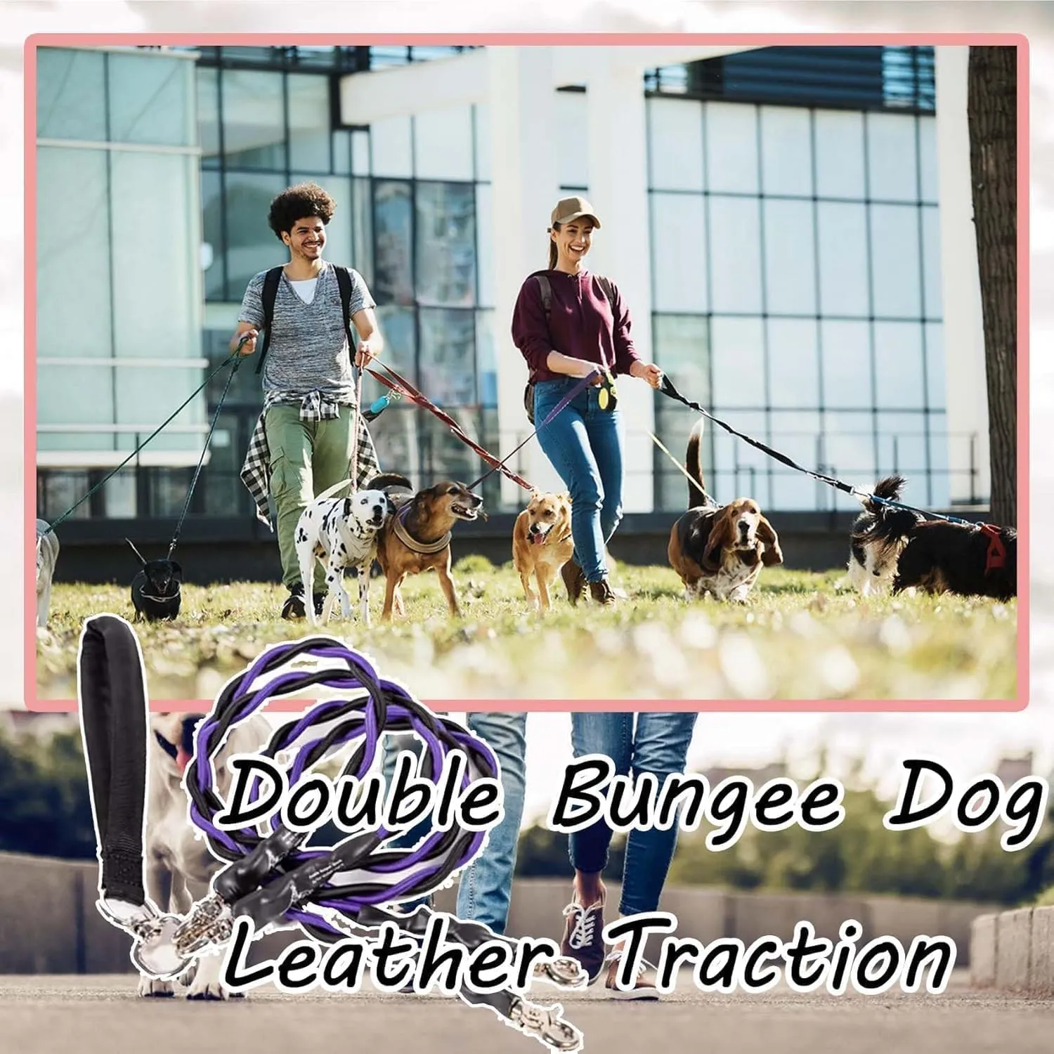Gloryboom Double Bungee Dog Leash  Shock Absorbing 2-in-1 Leash with 360 Swivel, Padded Handles, No-Tangle for Small/Medium/Large Dogs (Pink)