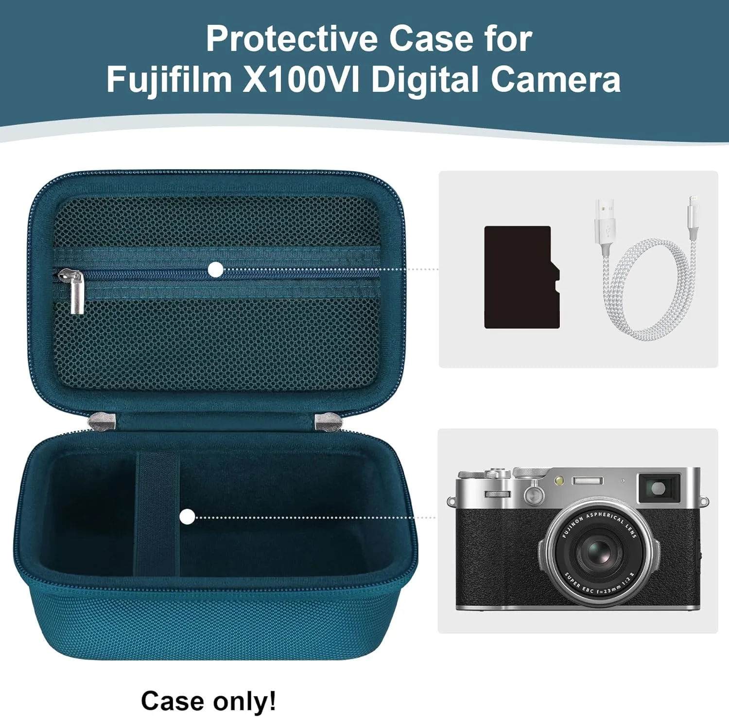Hard Case for Fujifilm X100VI/ X100V/ X100F/ X100S Digital Camera, Fujifilm X100VI Camera Travel Storage Bag Cover Holder, Extra Zipper Mesh Pocket Fits Cable and Batteries, Blue