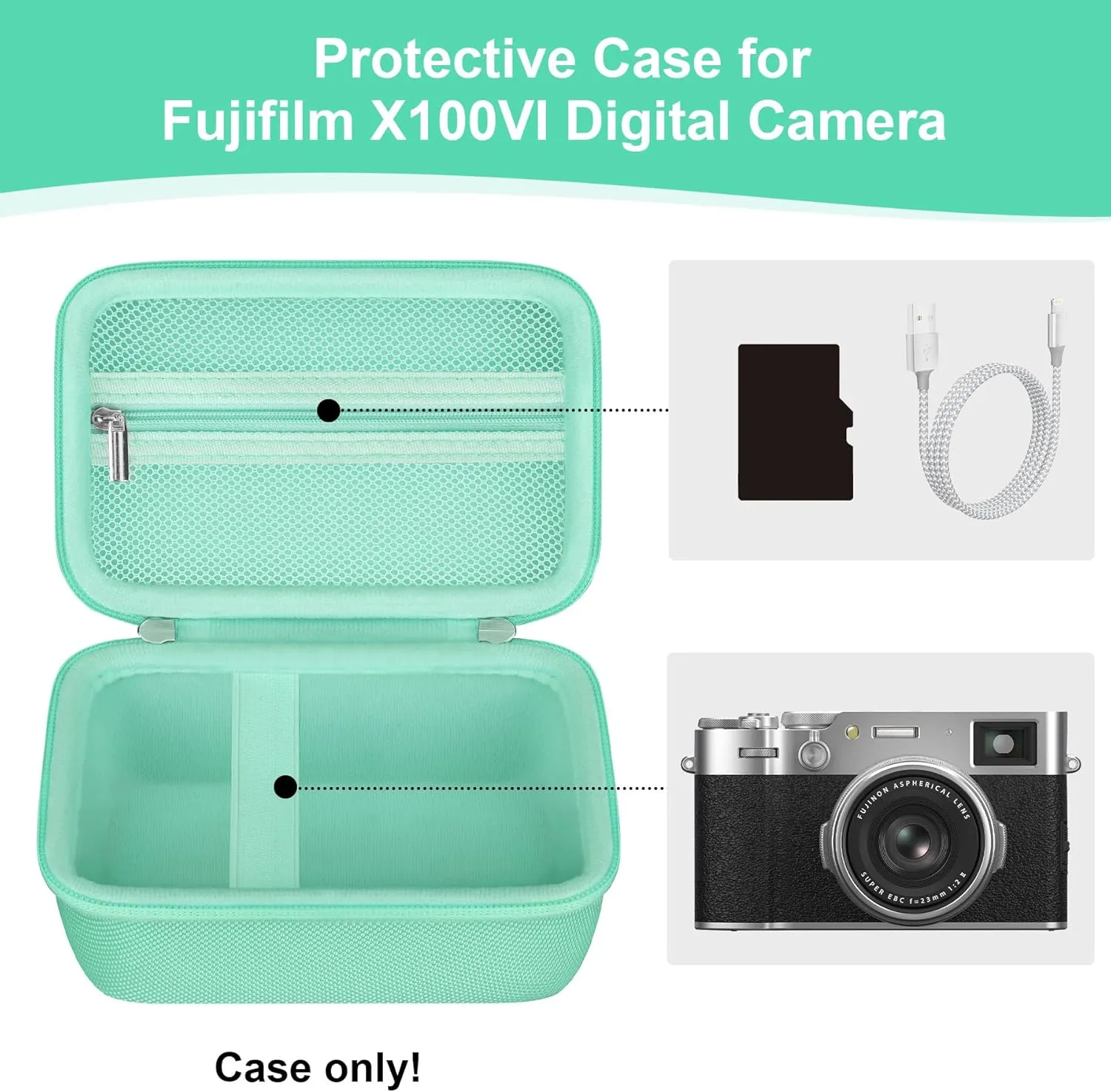 Hard Case for Fujifilm X100VI/ X100V/ X100F/ X100S Digital Camera, Fujifilm X100VI Camera Travel Storage Bag Cover Holder, Extra Zipper Mesh Pocket Fits Cable and Batteries, Green