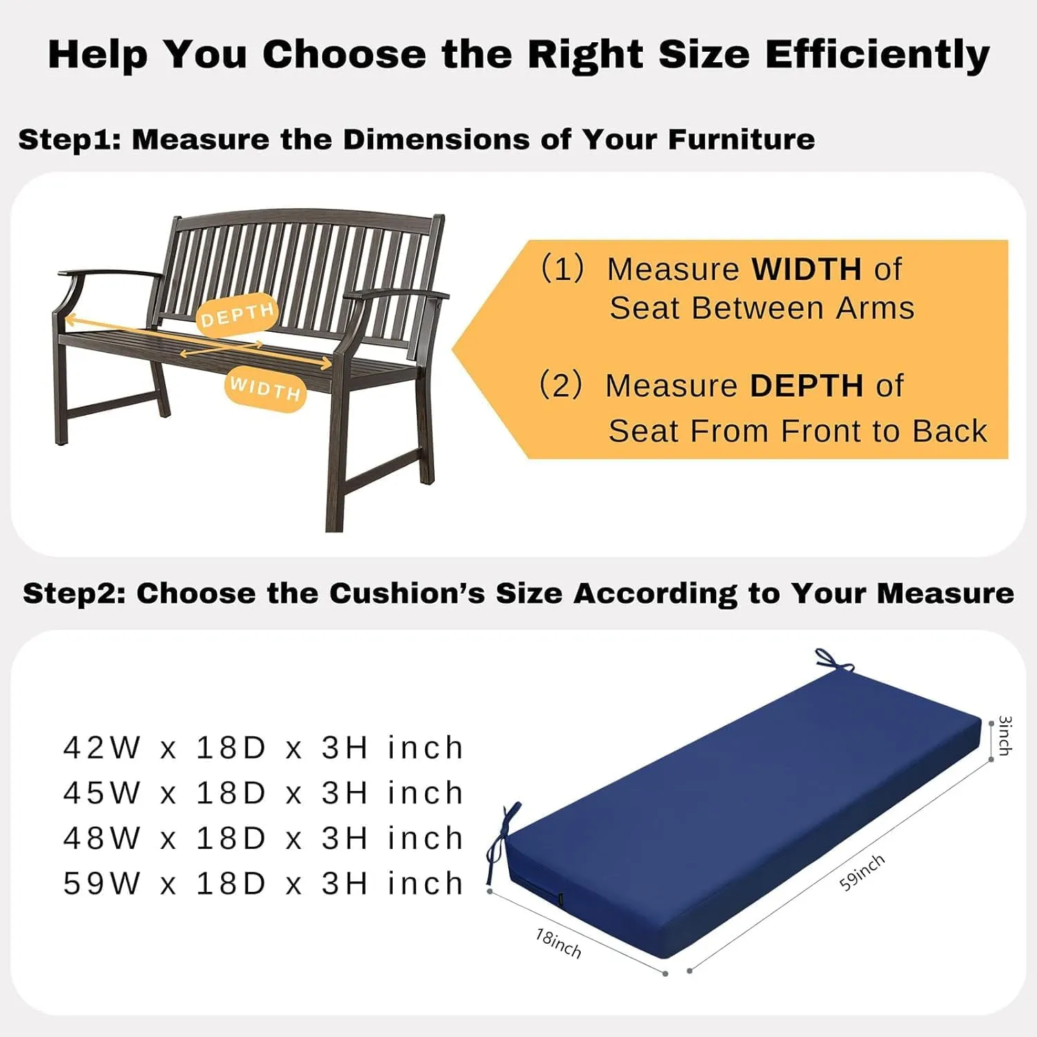 idee-home Outdoor Bench Cushion Waterproof, Bench Cushions for Outdoor Furniture, Patio Porch Swing Replacement Seat Pad with Ties for Garden Backyard, 59 x 18 Inch Navy Blue