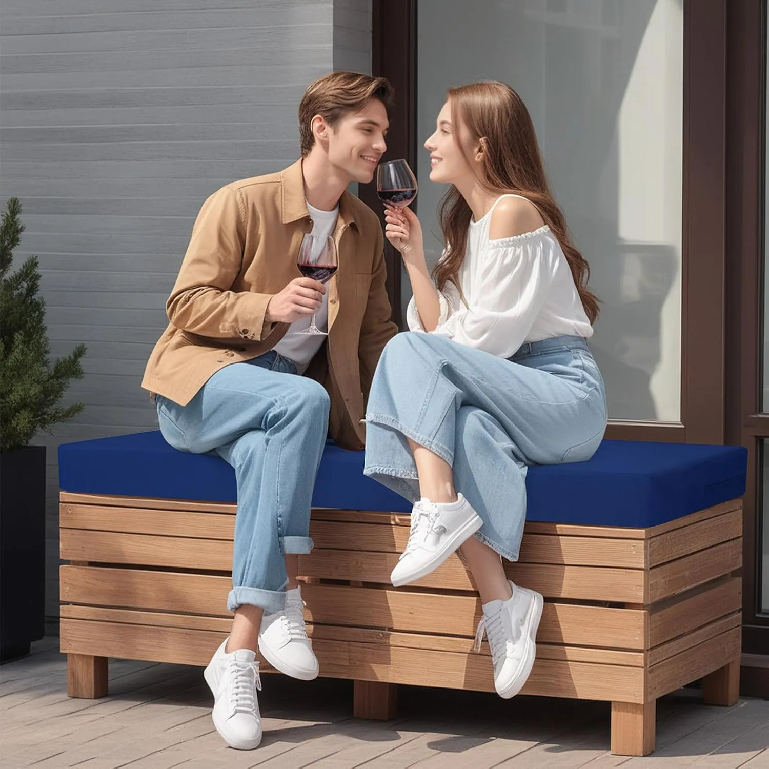 idee-home Outdoor Bench Cushion Waterproof, Bench Cushions for Outdoor Furniture, Patio Porch Swing Replacement Seat Pad with Ties for Garden Backyard, 59 x 18 Inch Navy Blue