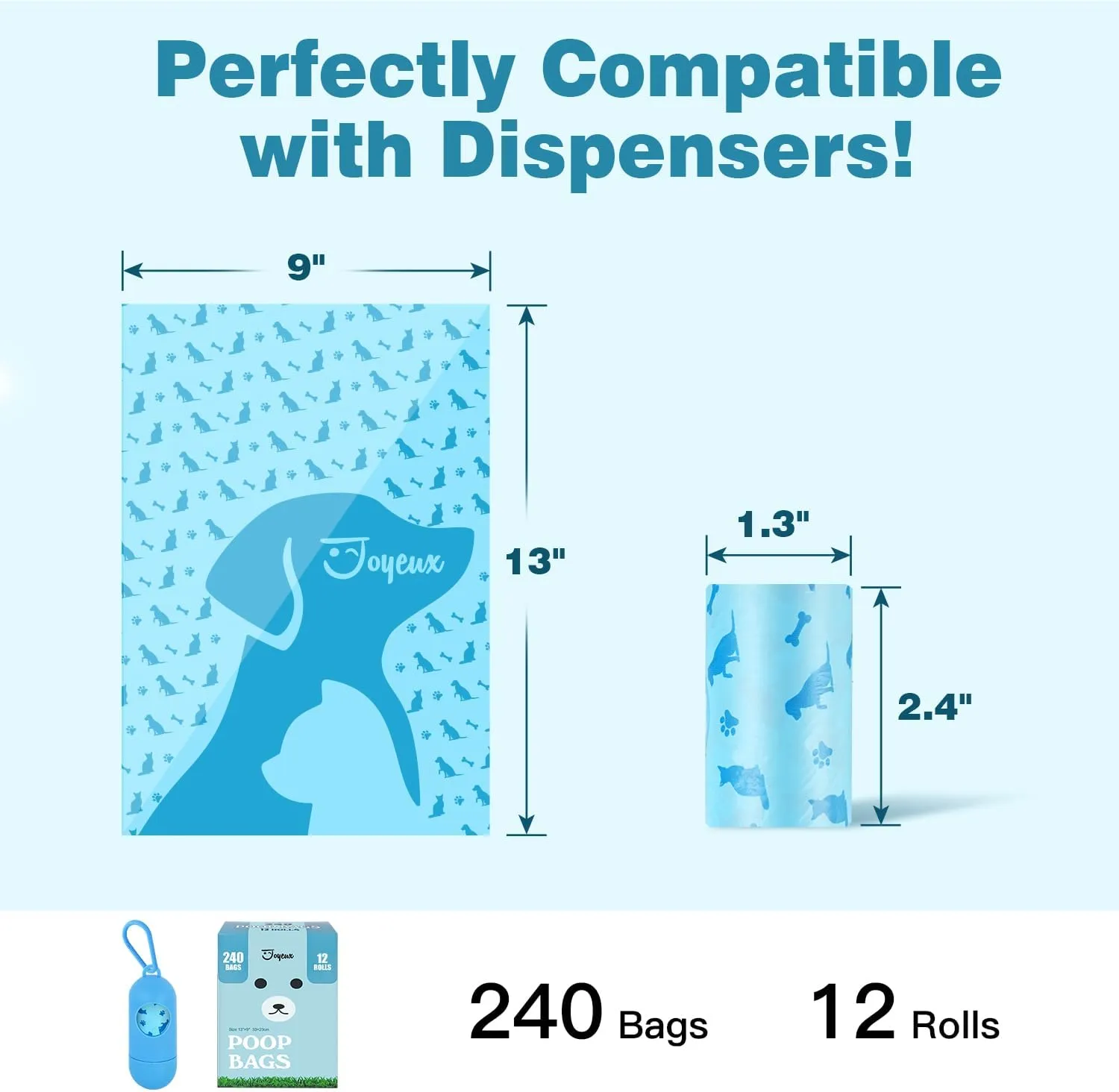 Joyeux 240 Count Ocean Scent Dog Poop Bags Rolls,with Dispenser,Leak-Proof Large Doggie,Extra Thick Poop Bag for Dogs,Cats Litter Bags,Blue Trash Bags for Doggy Pets Bolsa de Popo de Perro