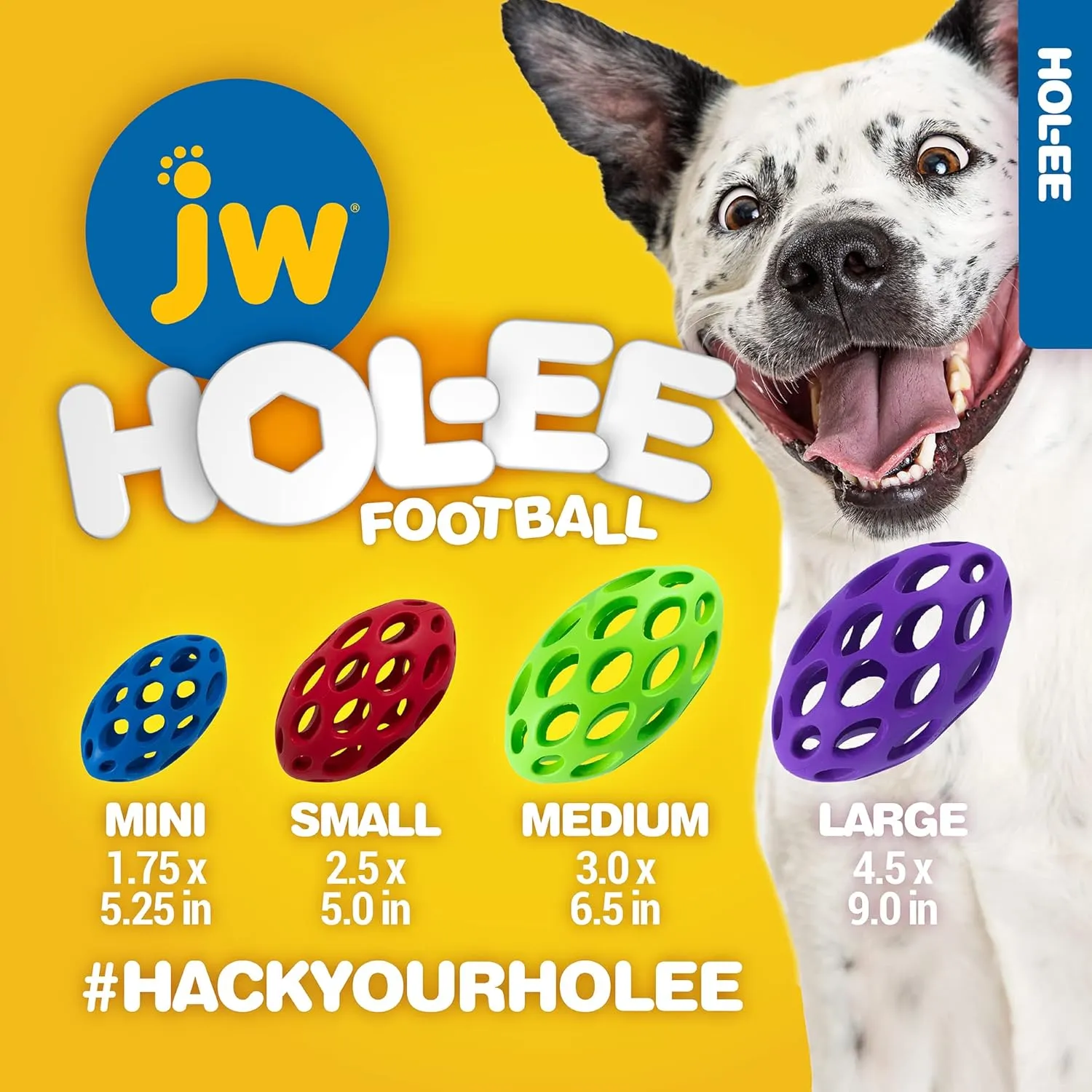 JW Pet Hol-ee Football Dog Toy Puzzle Ball, Natural Rubber, Medium (6.5 Inch Length), Colors May Vary