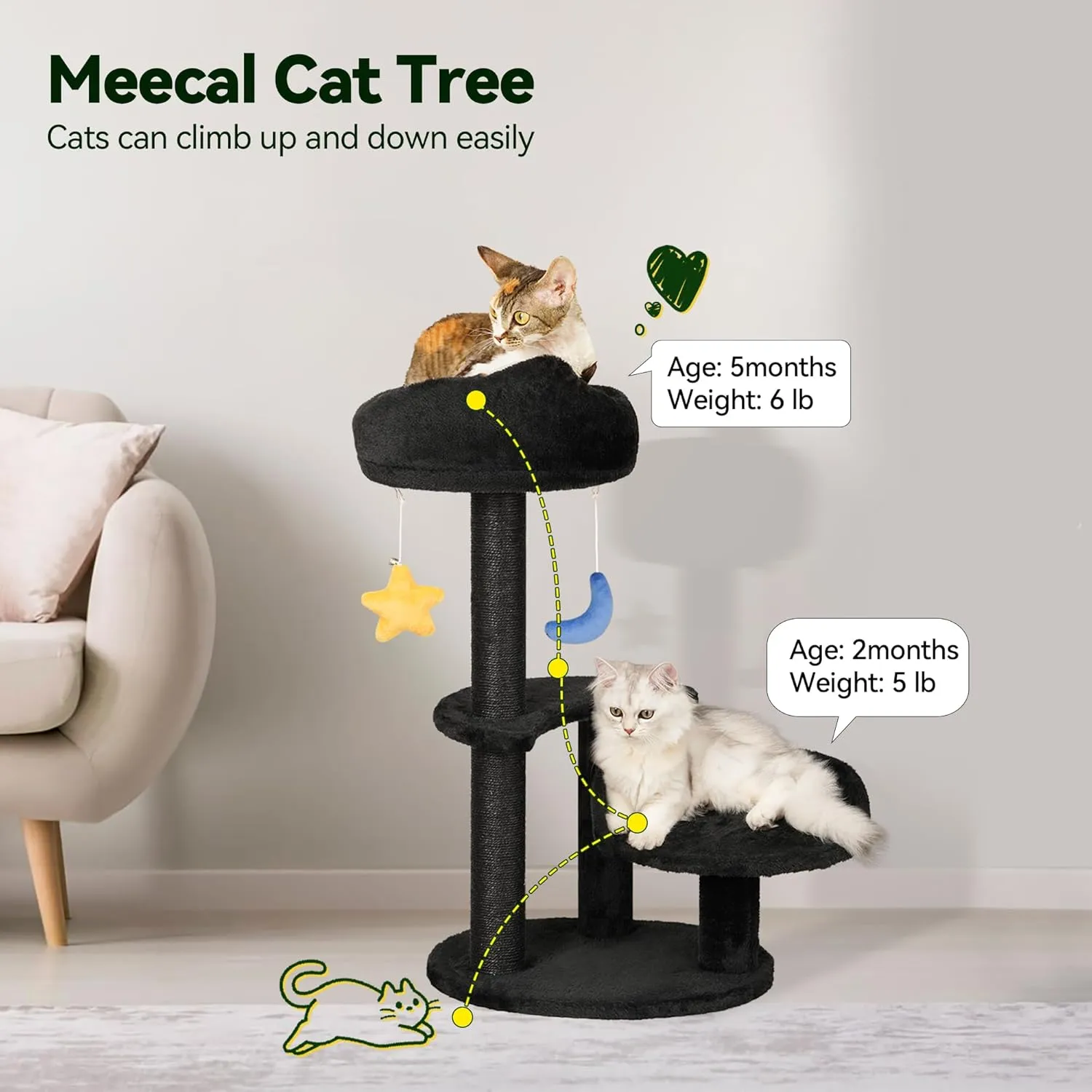 Kitten Cat Tree for Small Cats Under 6 Months, 24.4in Cloud Cat Scratching Post with Bed & Toys, Max Weight 8lbs, Compact Cat Tower with Dangling Balls, Black