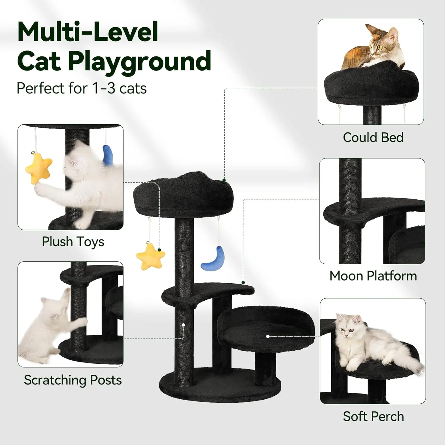 Kitten Cat Tree for Small Cats Under 6 Months, 24.4in Cloud Cat Scratching Post with Bed & Toys, Max Weight 8lbs, Compact Cat Tower with Dangling Balls, Black