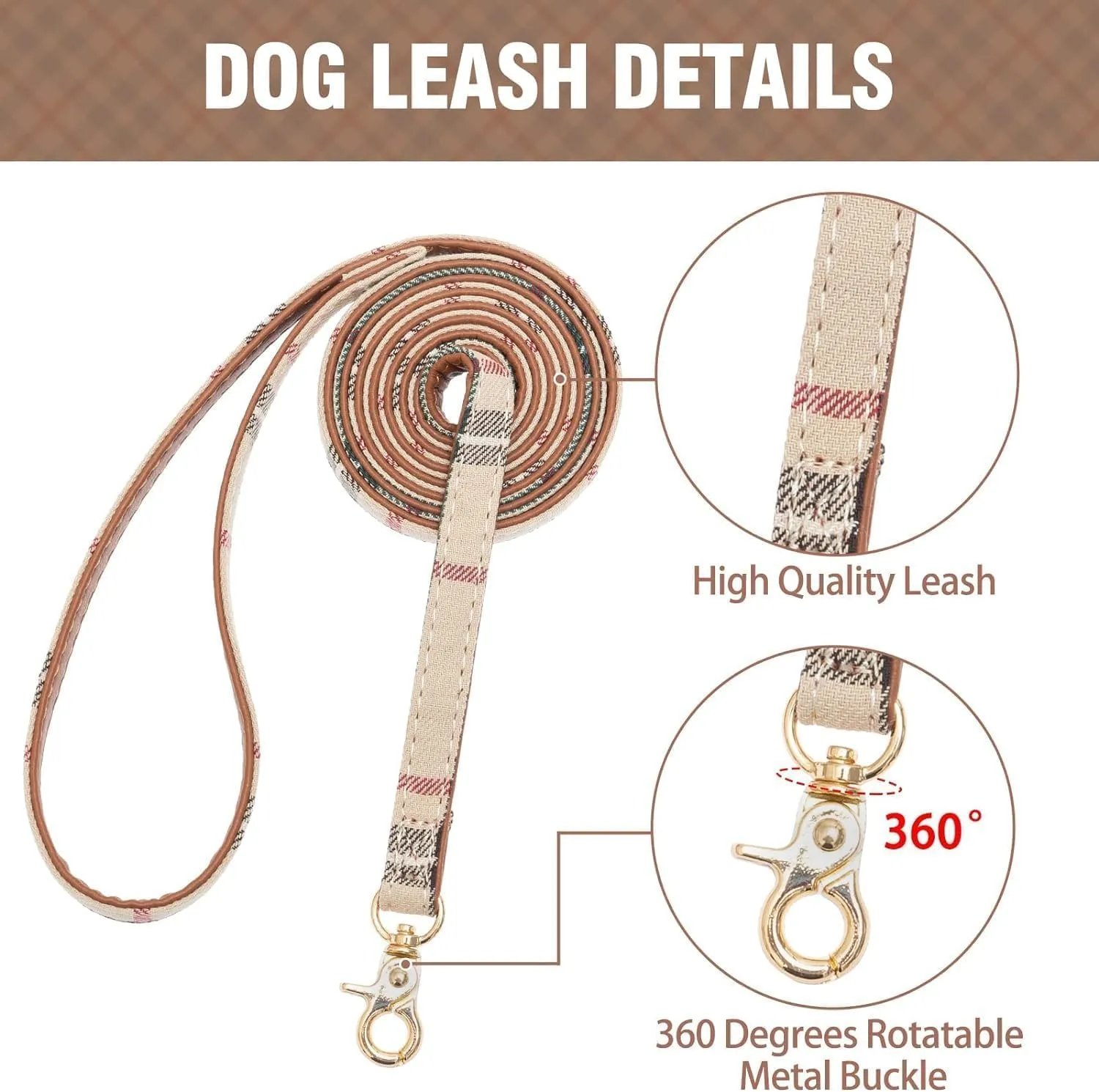 KOOLTAIL Small Dog Collar and Leash Set with Bowtie and Bells - Puppy Collar and Leash for Boy or Girl with Classic Plaid Matching Pattern, Soft Leather Tangle Free Leashes for Small Dogs,Cats,Beige